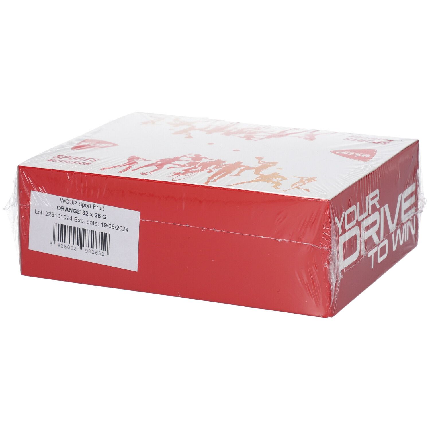Emballage rouge avec couvercle blanc. Inscriptions : WCUP Sport Fruit Orange, numéro de lot et date de péremption. Emballé dans du film.