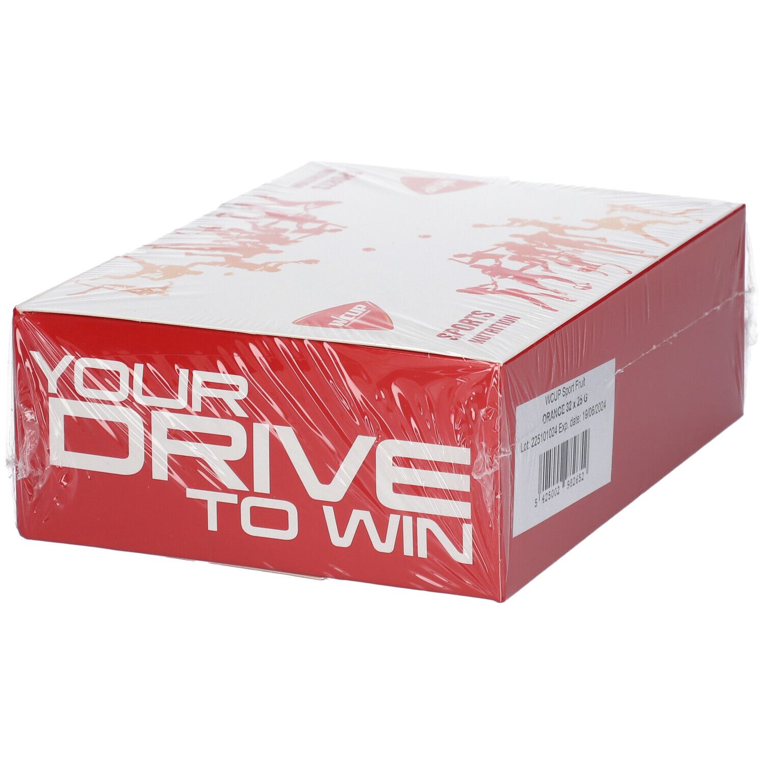 Emballage rouge avec couvercle blanc. Inscriptions : WCUP, « YOUR DRIVE TO WIN ». Emballé dans du film. Impression avec code-barres.
