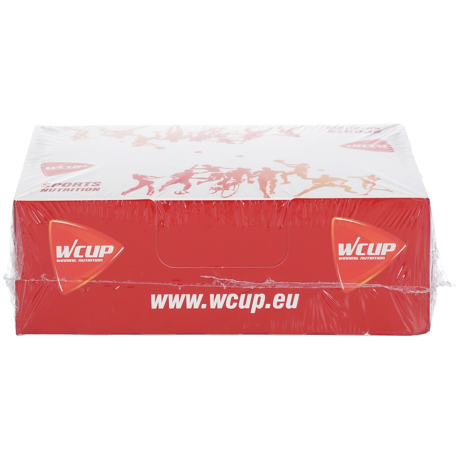 Emballage rouge avec couvercle blanc. Inscriptions : WCUP, www.wcup.eu. Emballé dans du film. Impression avec athlètes.