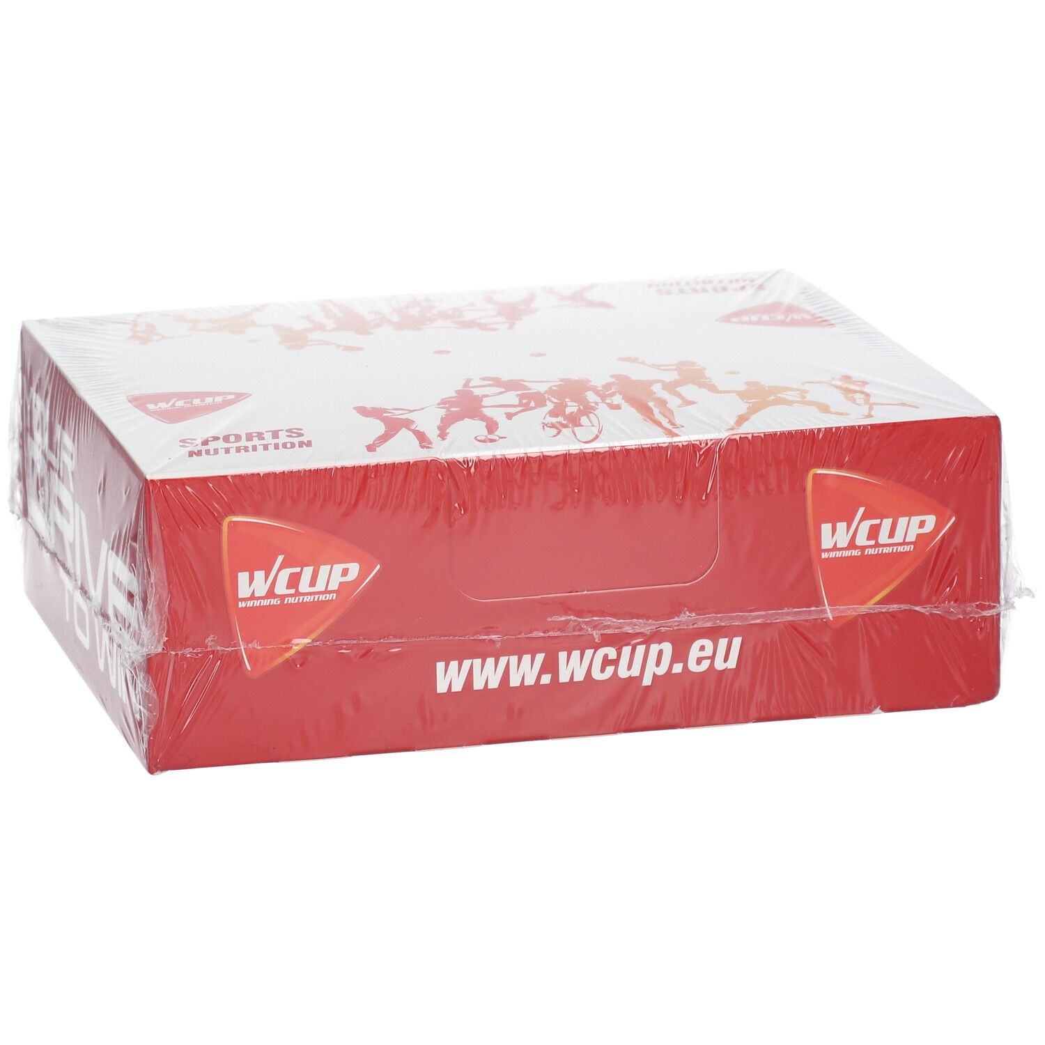 Emballage rouge avec couvercle blanc. Inscriptions : WCUP, www.wcup.eu. Emballé dans du film. Impression avec athlètes.