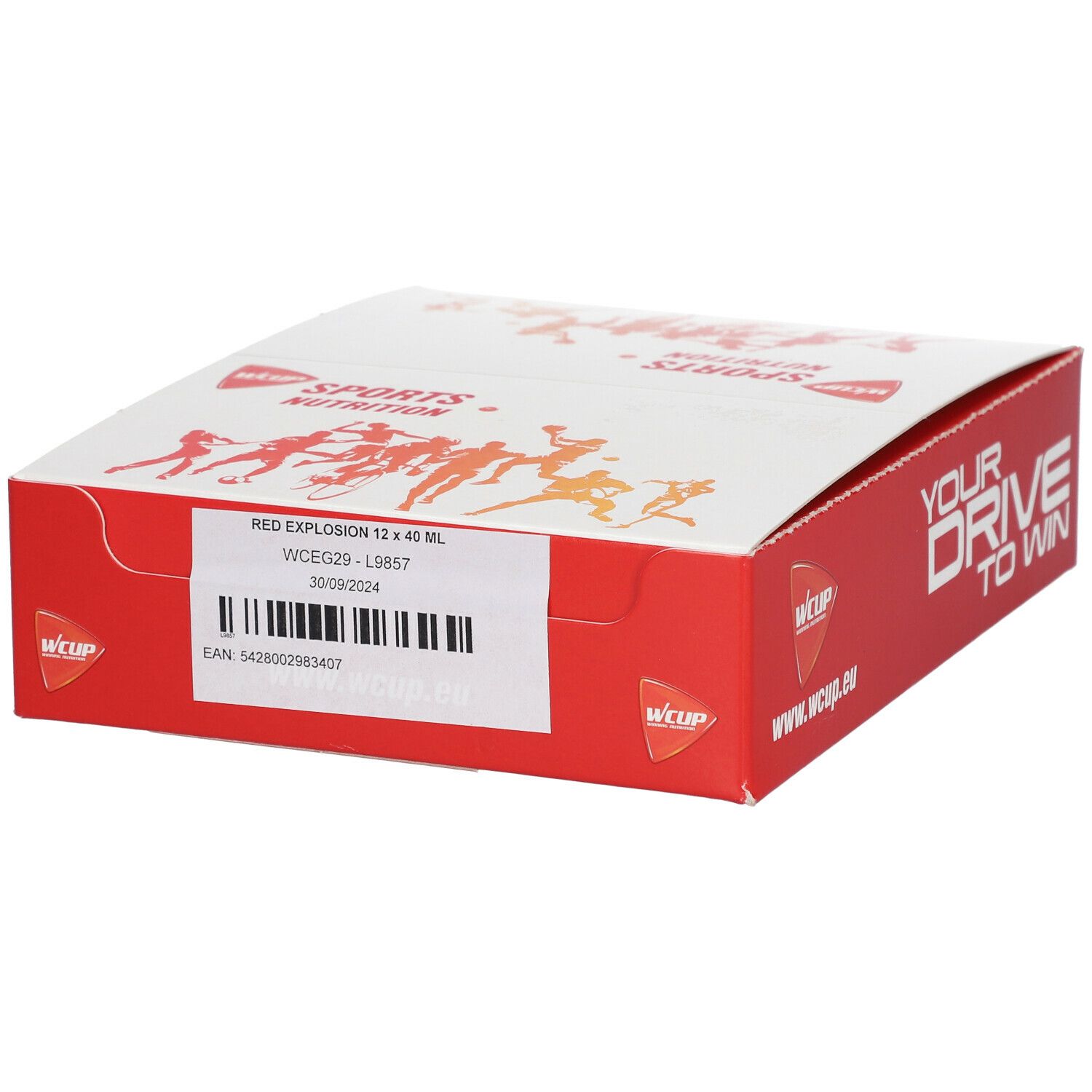 Boîte rouge WCUP avec informations produit. Inscription: RED EXPLOSION 12 x 40 ml. Code-barres et logo.