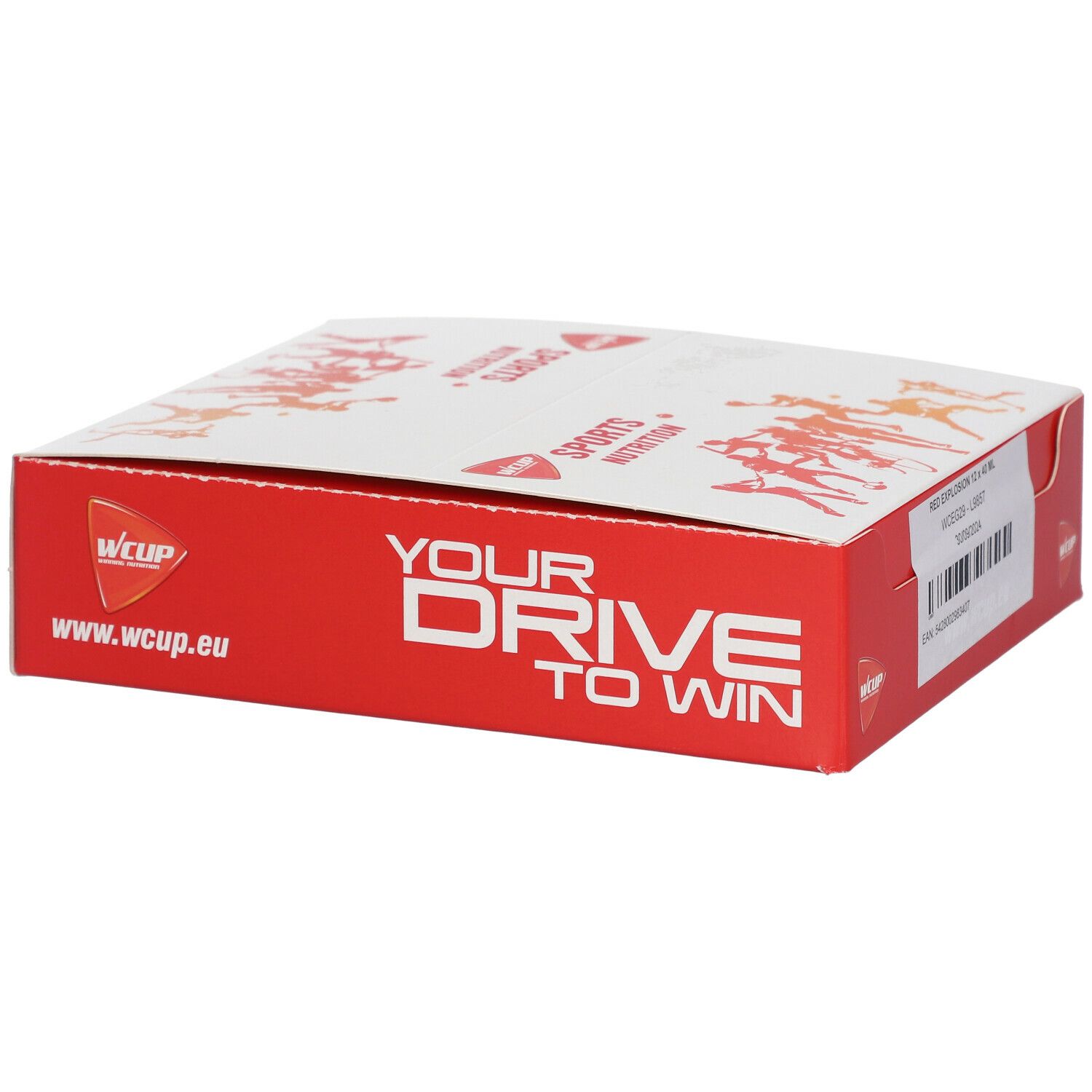 Boîte rouge WCUP avec inscription YOUR DRIVE TO WIN et logo. Sur le dessus: SPORTS NUTRITION et illustration d'athlètes.