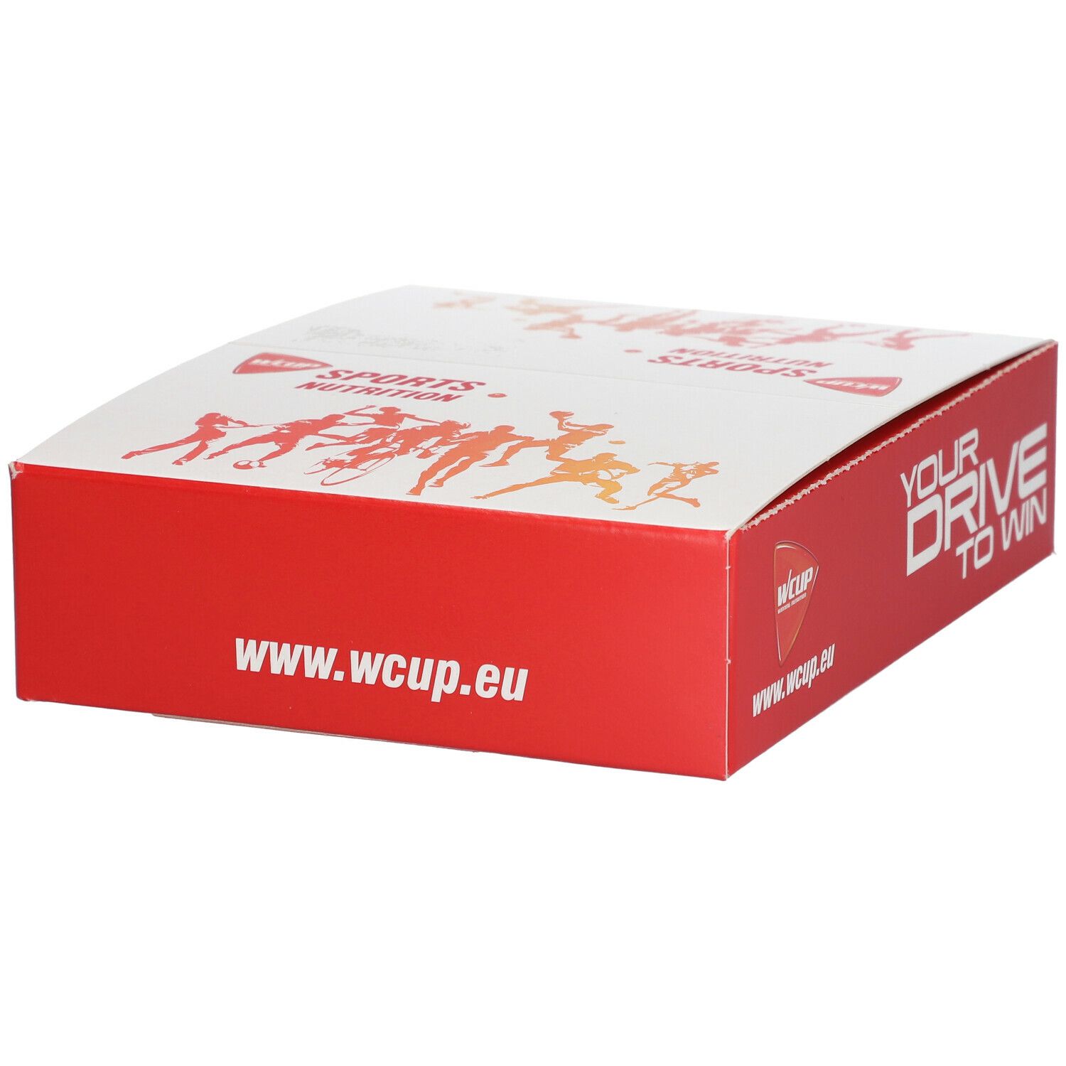 Boîte rouge WCUP avec inscription YOUR DRIVE TO WIN et logo. Dessus: SPORTS NUTRITION et illustration d'athlètes. www.wcup.eu.