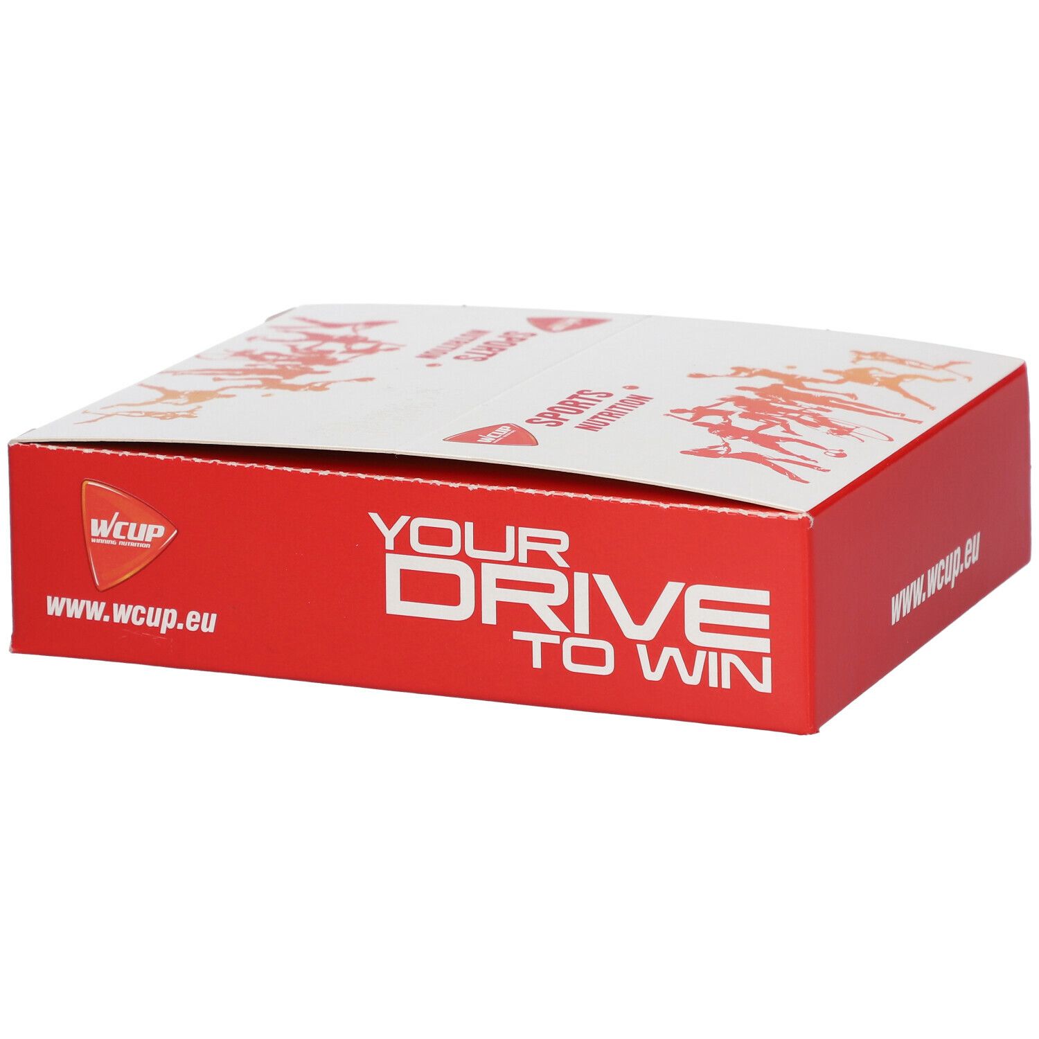 Boîte rouge WCUP avec inscription YOUR DRIVE TO WIN et logo. Dessus: SPORTS NUTRITION et illustration d'athlètes. www.wcup.eu.