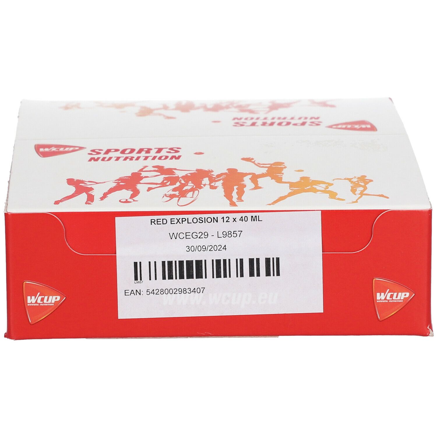 Boîte rouge WCUP avec informations produit. Inscription: RED EXPLOSION 12 x 40 ml. Code-barres et logo. SPORTS NUTRITION.