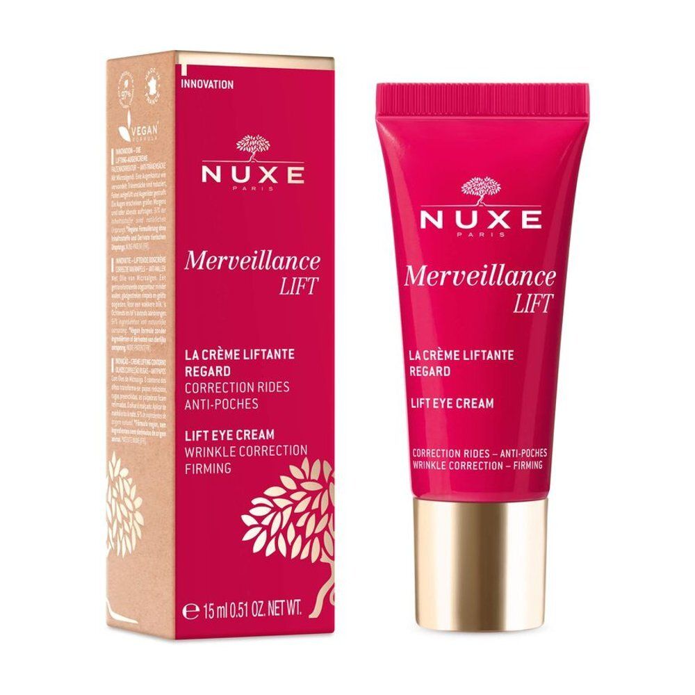 Arrière du tube Nuxe Merveillance Lift crème regard avec instructions et ingrédients.