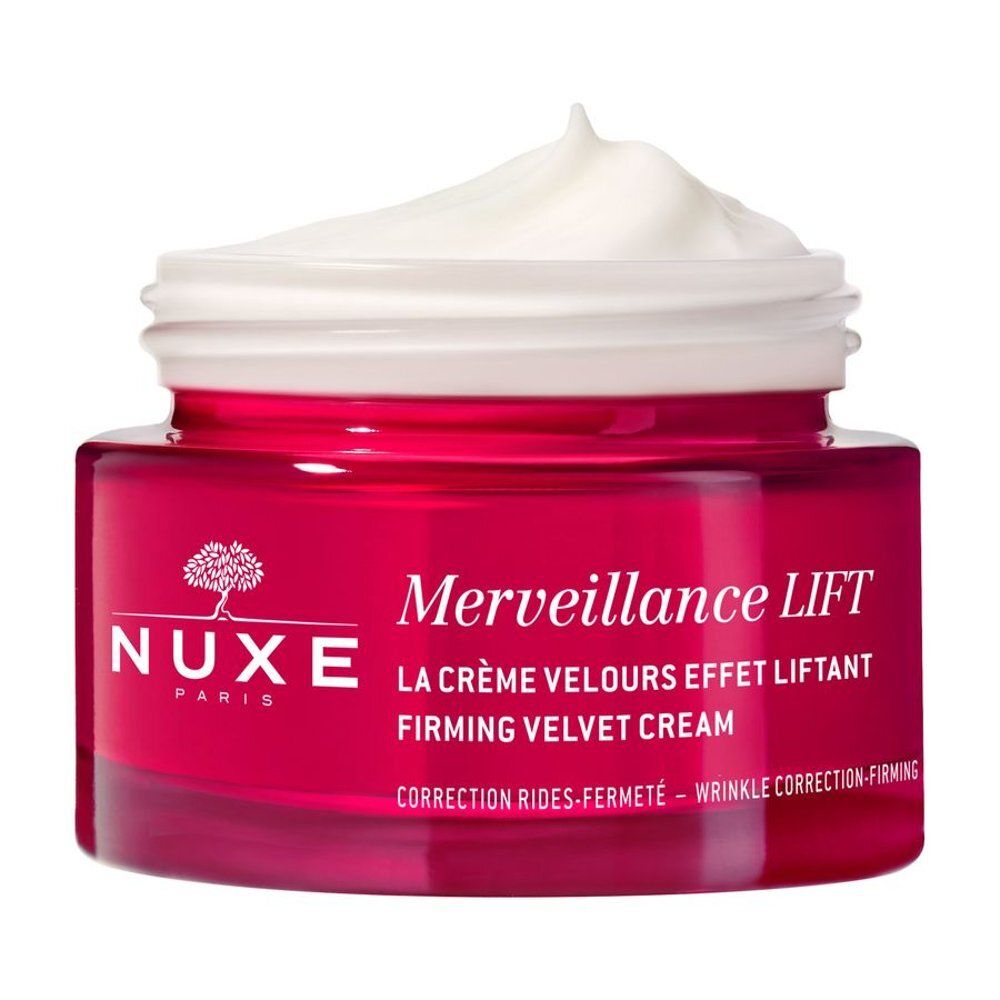Pot Nuxe Merveillance Lift Crème Velours Effet Liftant avec couvercle argenté et corps rouge.