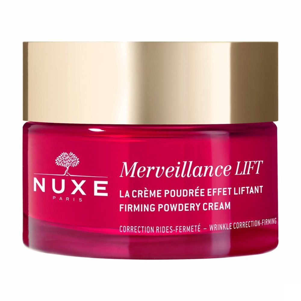 Pot Nuxe Merveillance LIFT avec couvercle argenté et pot en verre rouge.
