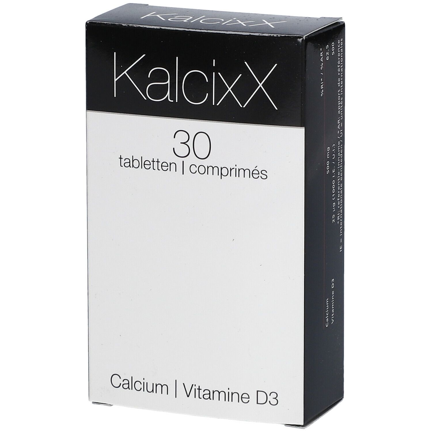Boîte KalcixX. Contient 30 comprimés. Inscription : Calcium, Vitamine D3.