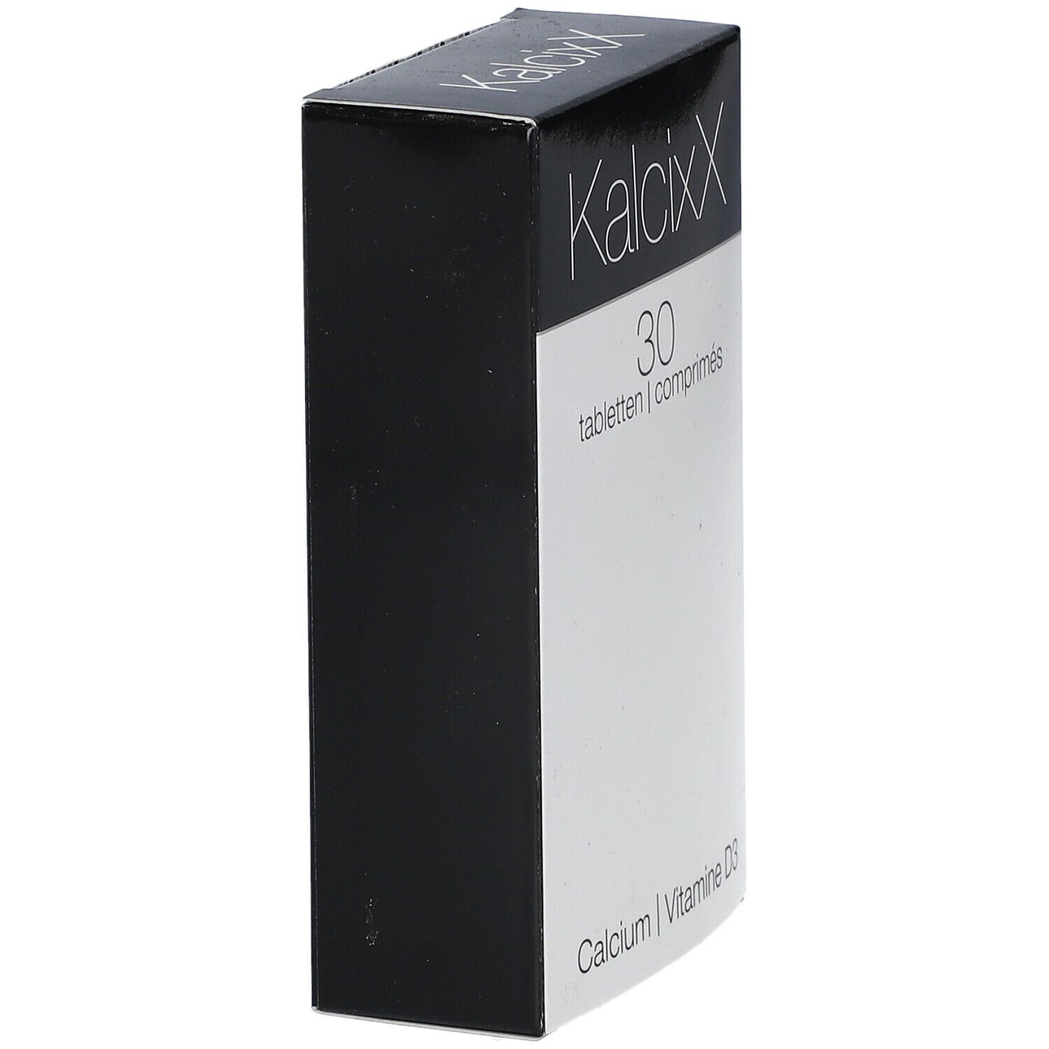 Vue latérale de la boîte KalcixX. Boîte noire et blanche avec nom et ingrédients.