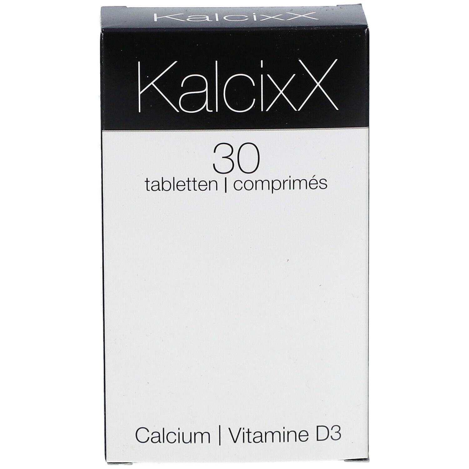 Boîte KalcixX. Contient 30 comprimés. Inscription : Calcium, Vitamine D3.