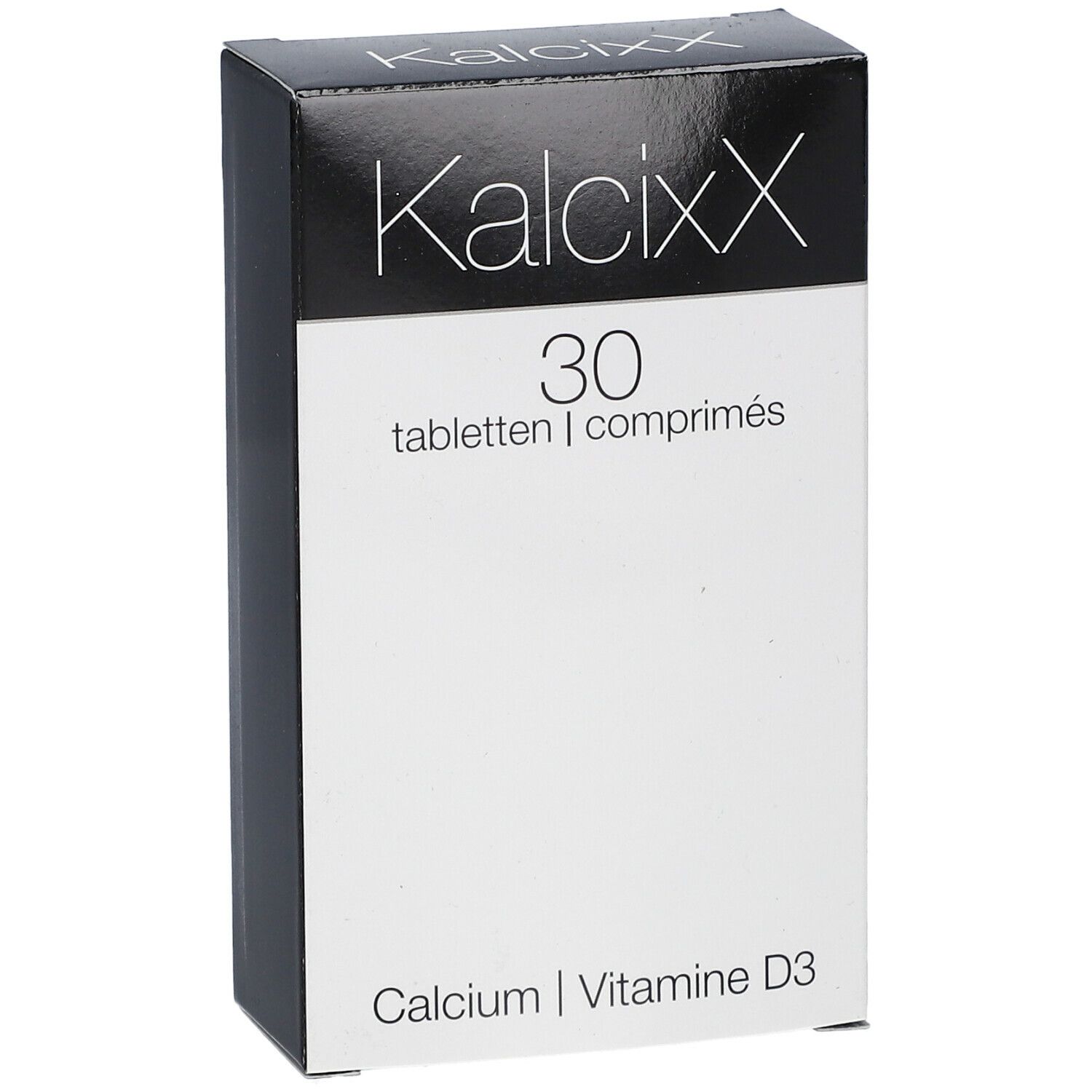 Boîte KalcixX. Contient 30 comprimés. Inscription : Calcium, Vitamine D3.