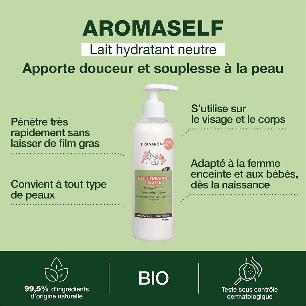 Bouteille blanche avec pompe. Texte: Aromaself, Lait hydratant neutre. Convient au visage et au corps, aux femmes enceintes et aux bébés.