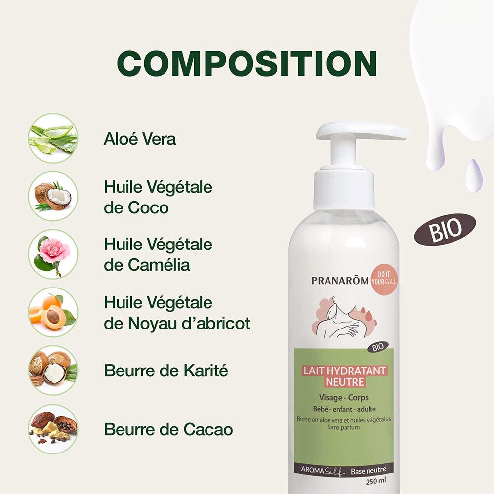 Ingrédients: Aloe Vera, Huile de Coco, Huile de Camélia, Huile de Noyau d'abricot, Beurre de Karité, Beurre de Cacao. Flacon avec pompe.