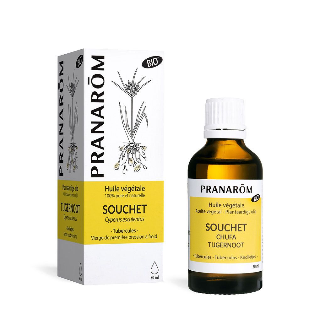 Flacon en verre brun avec bouchon blanc et étiquette jaune. Boîte blanche avec informations et logo.