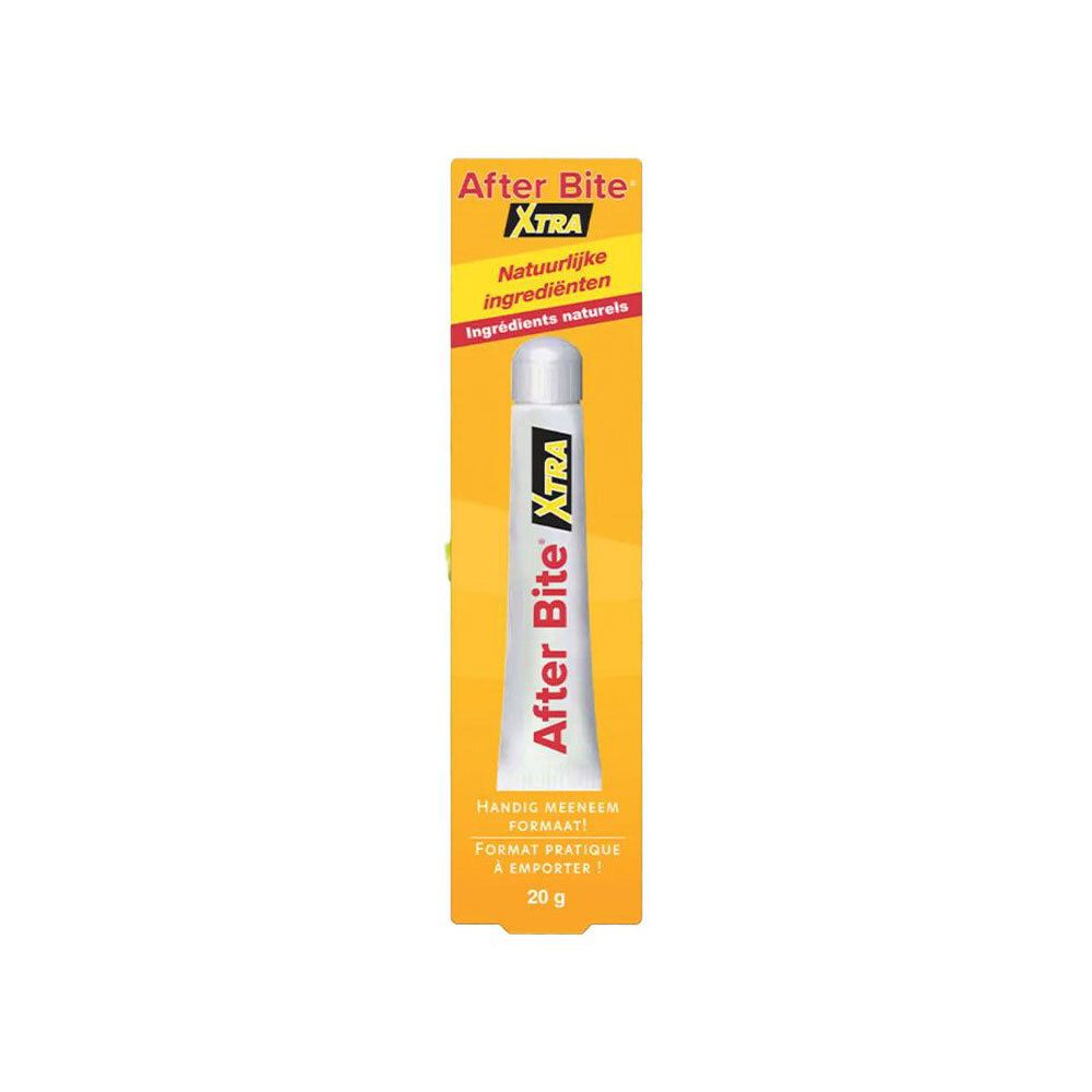Tube After Bite Xtra dans boîte jaune. Nom du produit et ingrédients imprimés. 20g.