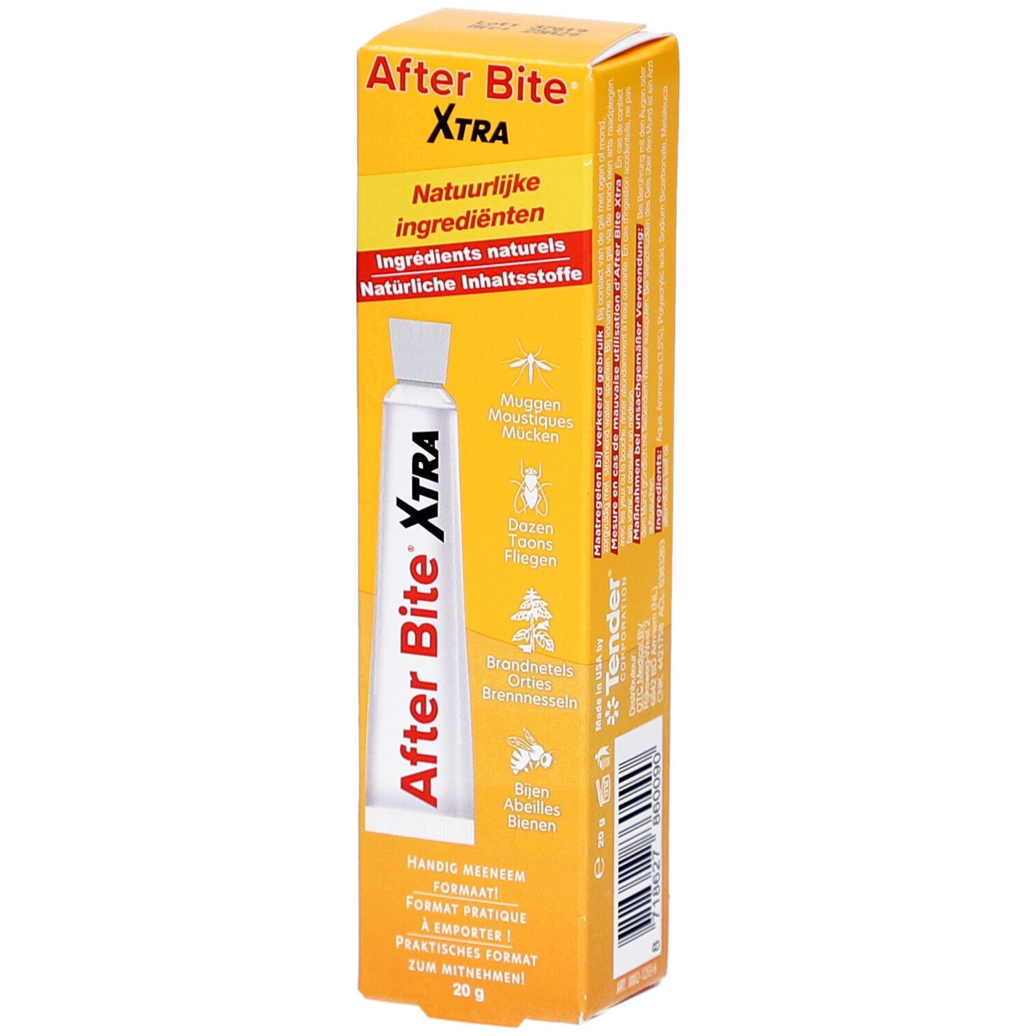 Tube After Bite Xtra dans boîte jaune. Nom du produit et ingrédients imprimés. 20g.