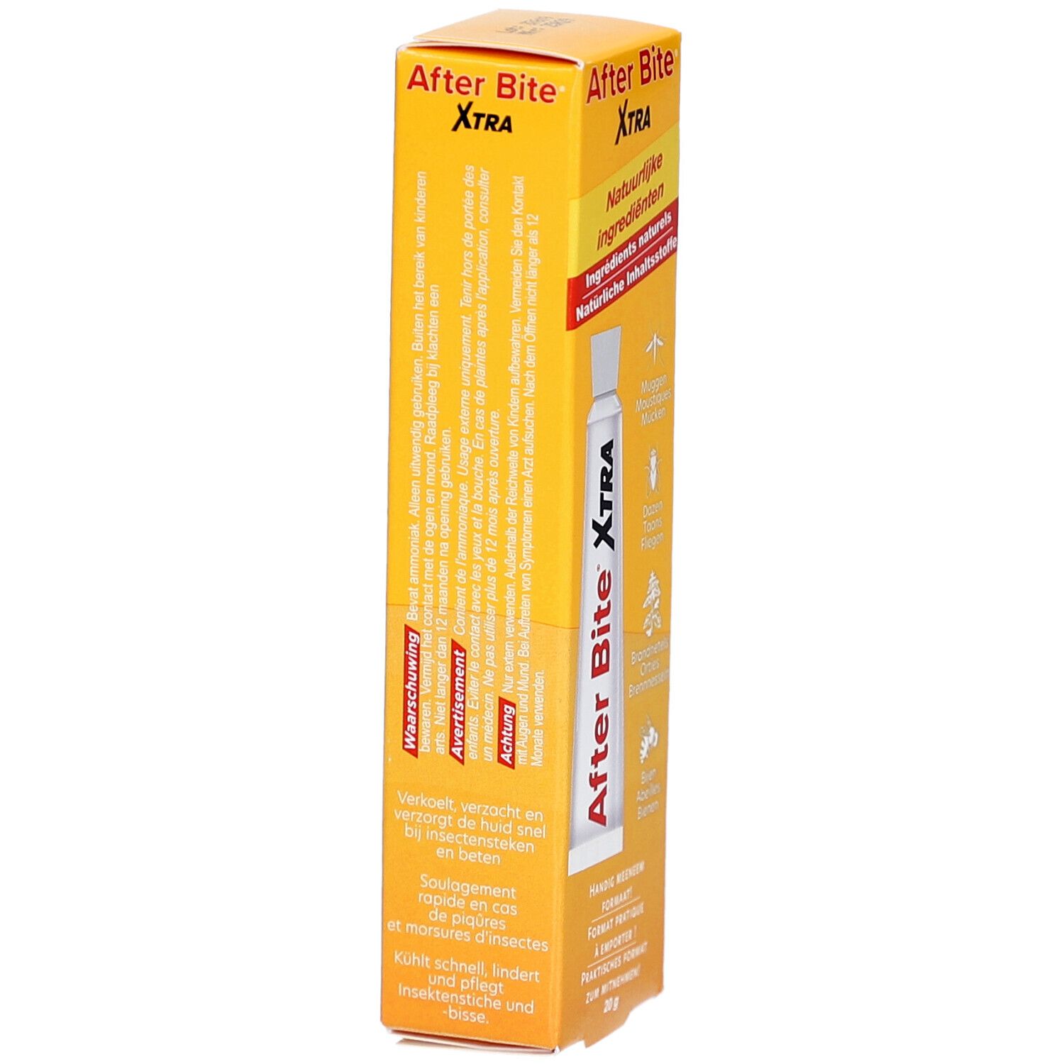 Tube After Bite Xtra dans boîte jaune. Nom du produit et ingrédients imprimés. 20g.