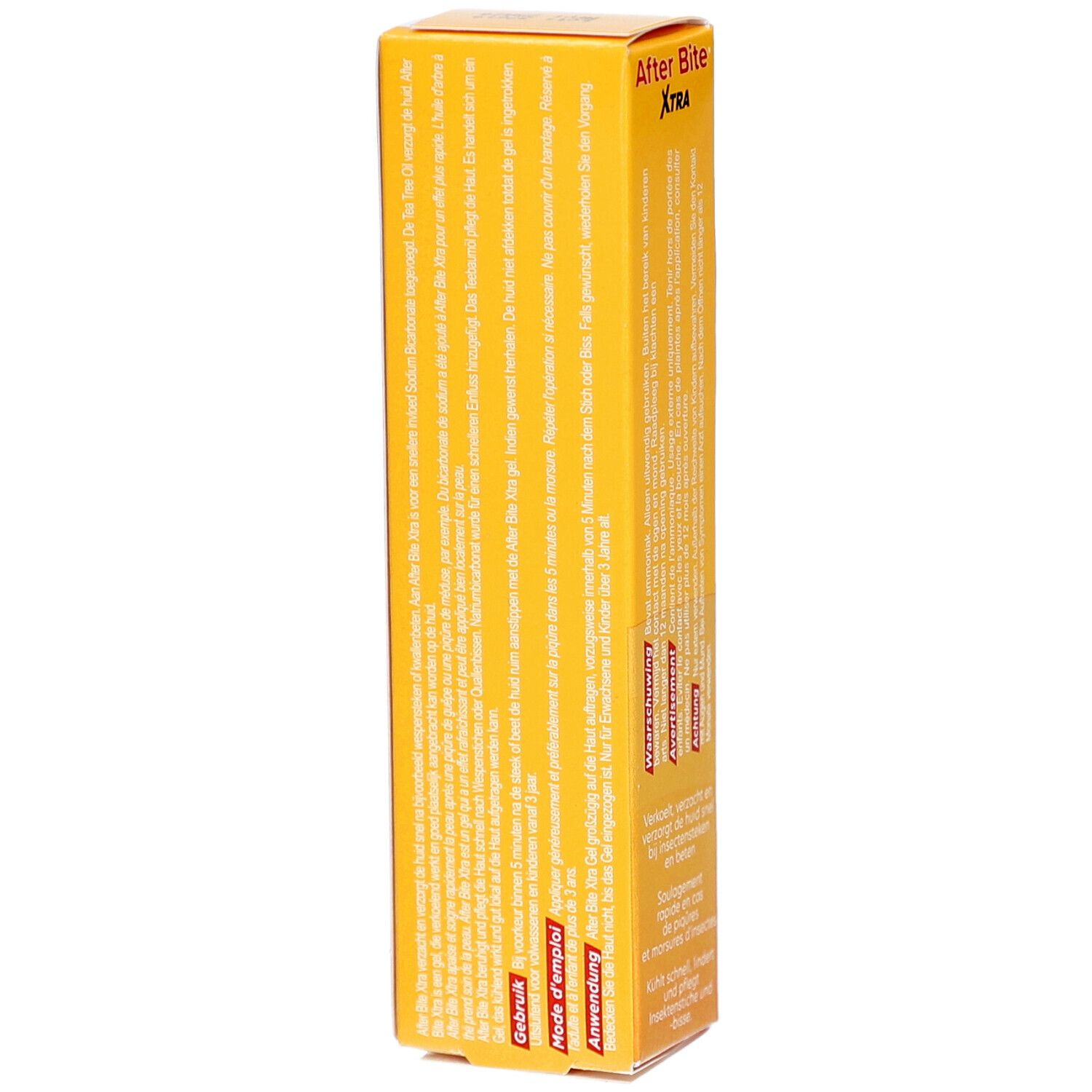 Tube After Bite Xtra dans boîte jaune. Nom du produit et ingrédients imprimés. 20g.