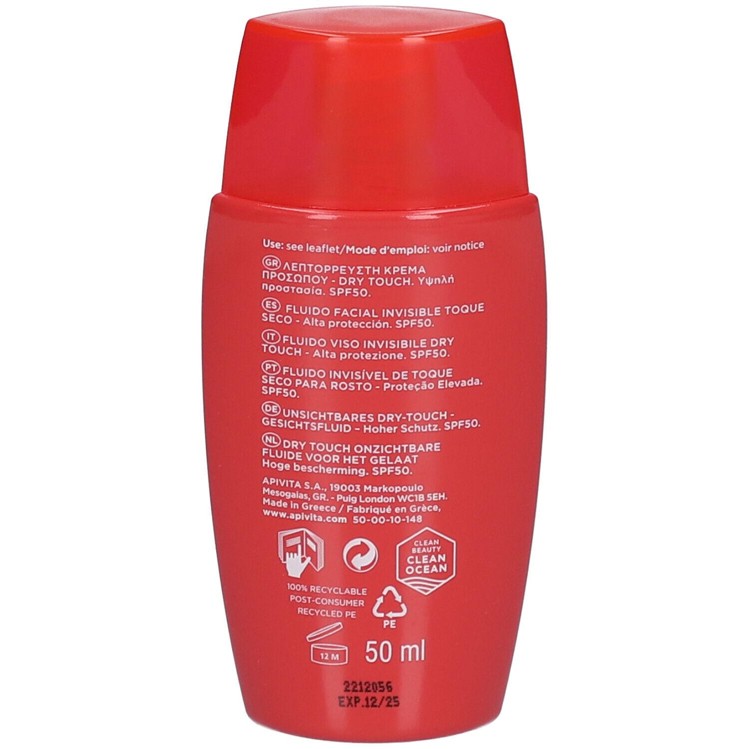 Flacon rouge avec fluide solaire, FPS 50. Contenance 50 ml.