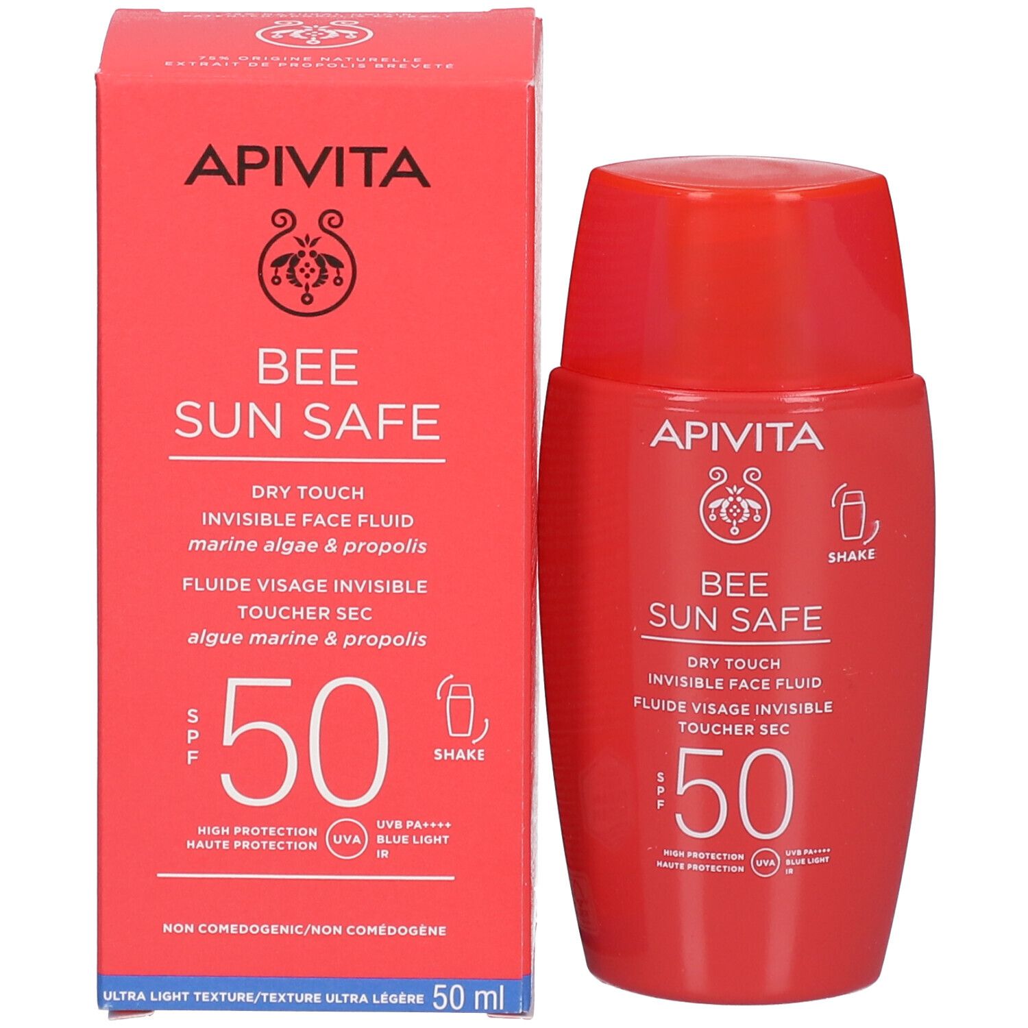 APIVITA Bee Sun Safe: Fluide visage invisible LSF 50, 50ml. Emballage et flacon rouges.