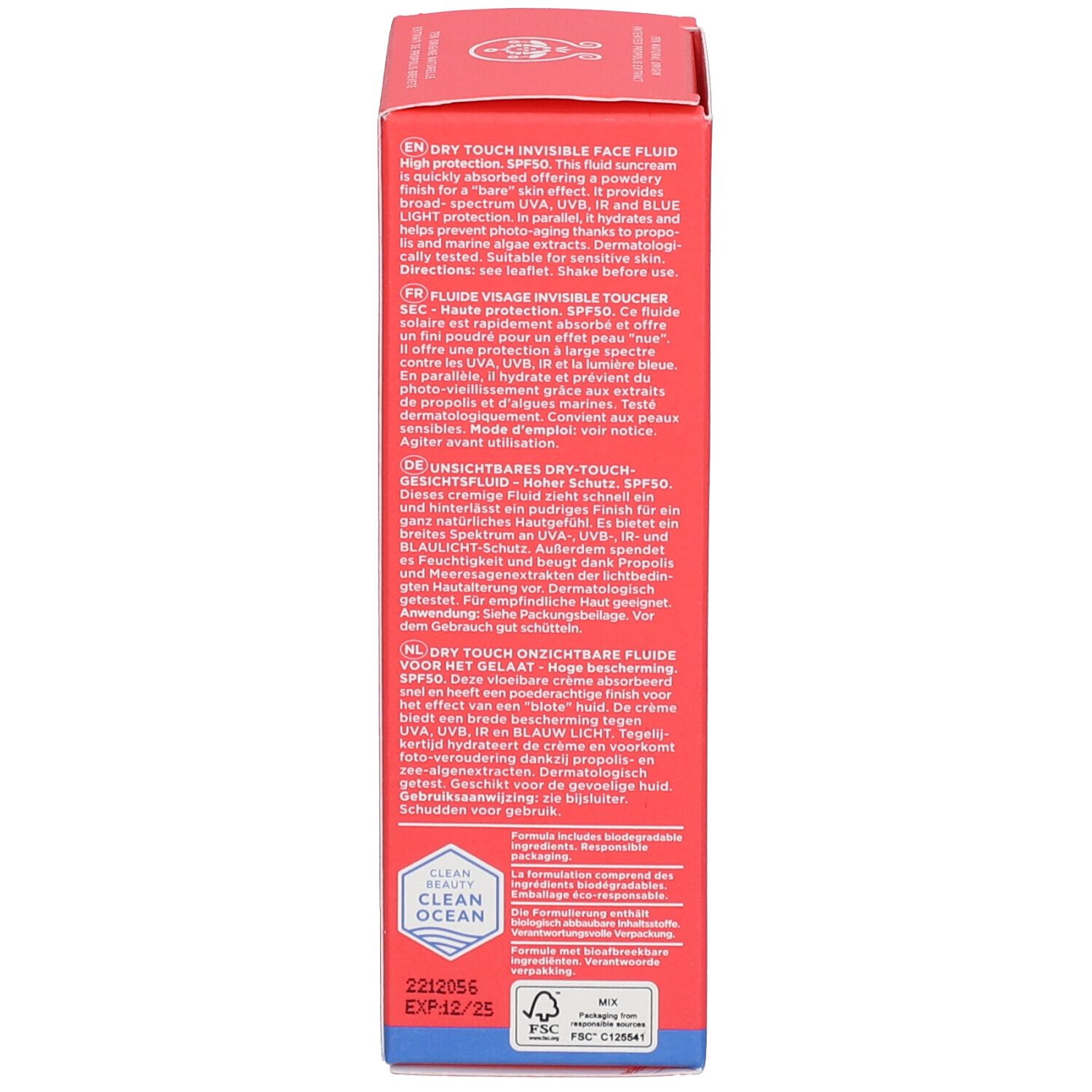 Boîte rouge pour fluide solaire SPF 50, avec informations produit multilingues et sceau 'Clean Ocean'.