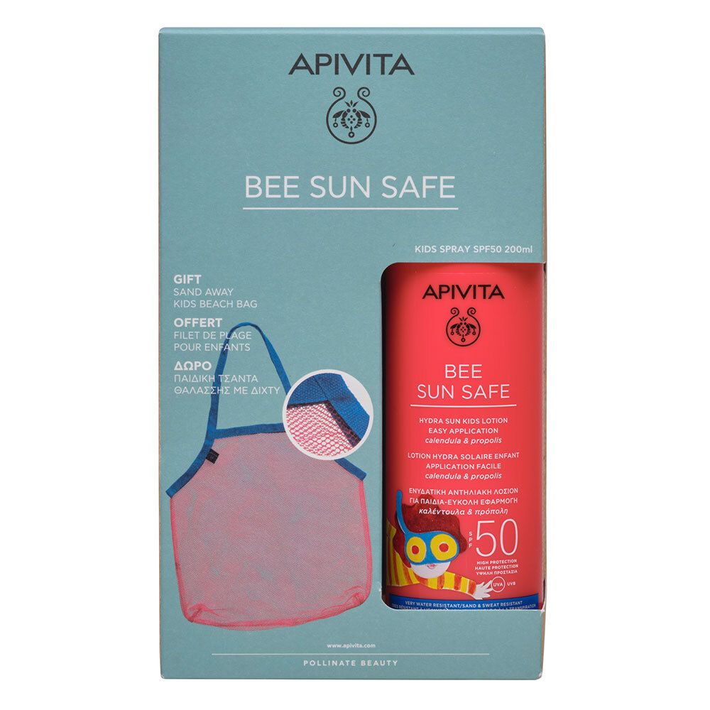 Coffret cadeau avec crème solaire rouge et sac de plage. Inscription : Apivita Bee Sun Safe Enfants. Facteur 50.