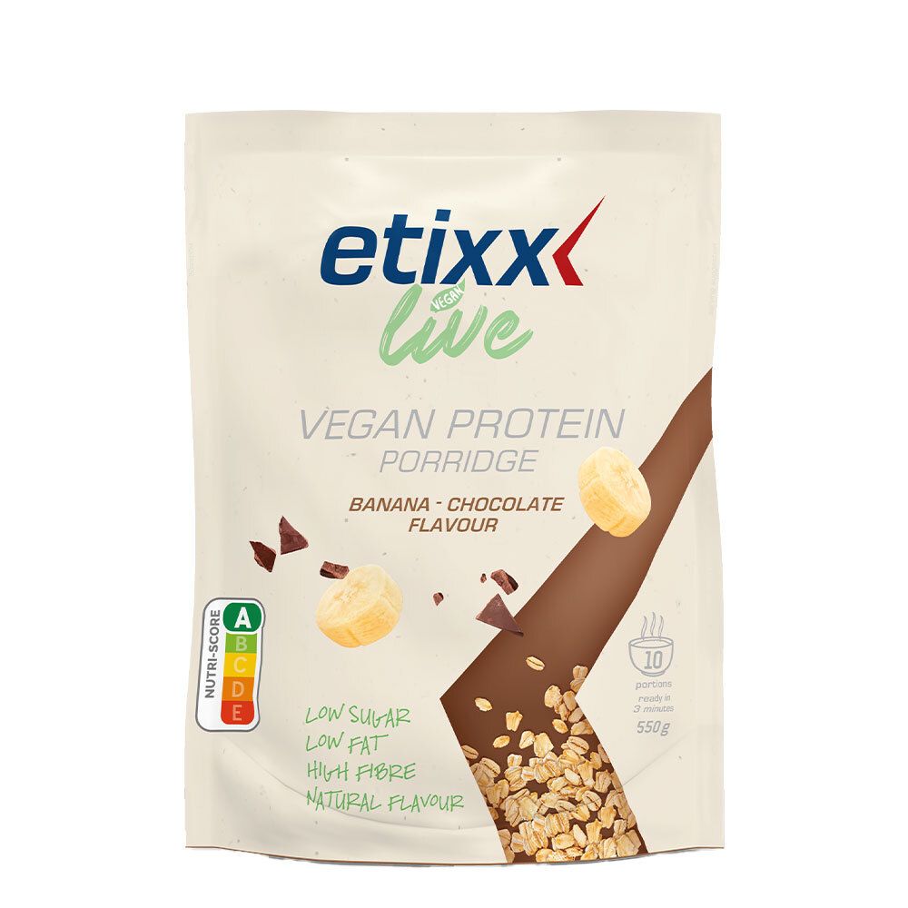 Sachet de porridge protéiné végétalien "etixx live". Inscription : banane-chocolat, flocons d'avoine, tranches de banane, morceaux de chocolat, Nutri-Score.