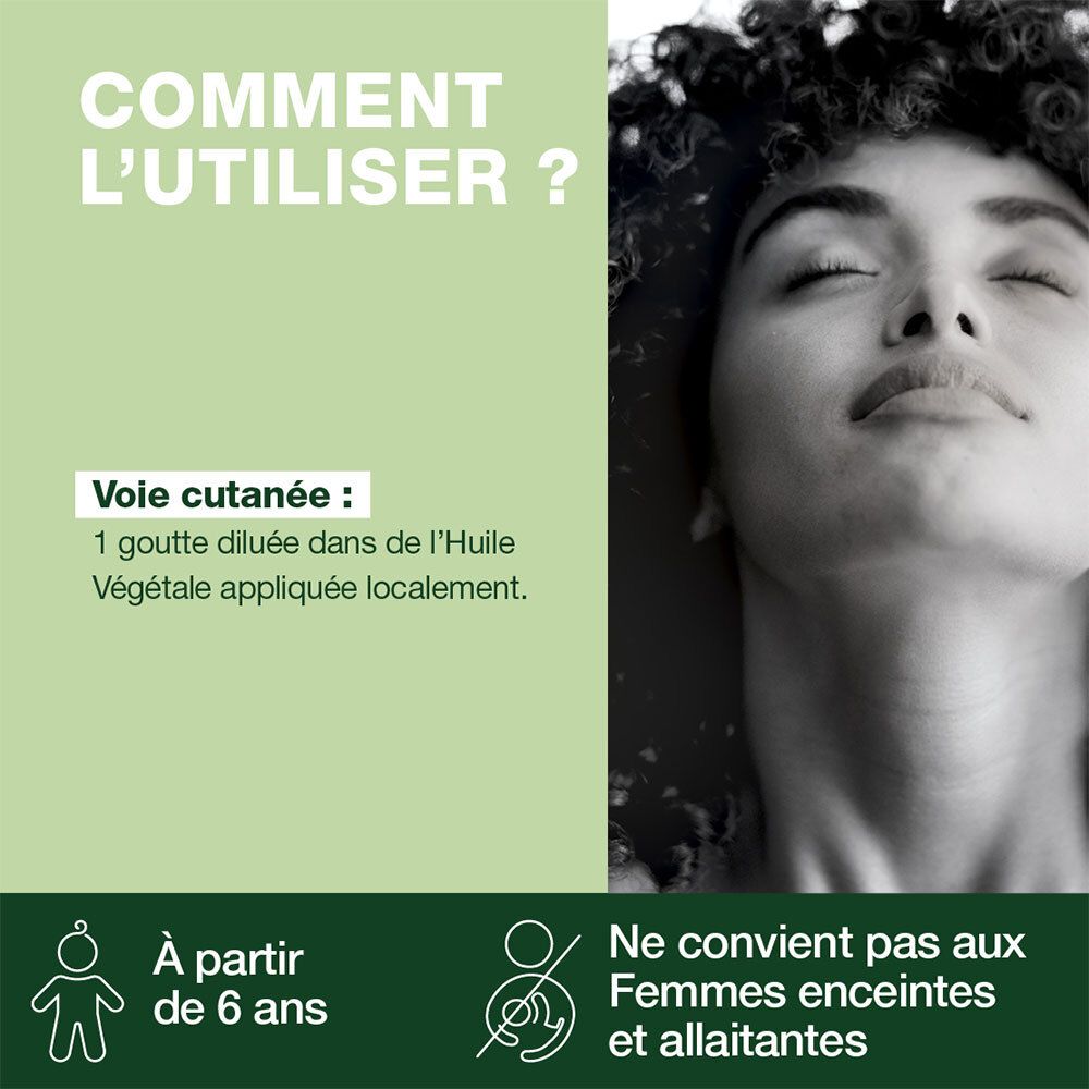 Image en noir et blanc d'une femme. Texte: Comment l'utiliser? Voie cutanée. Ne convient pas aux femmes enceintes et enfants -6 ans.