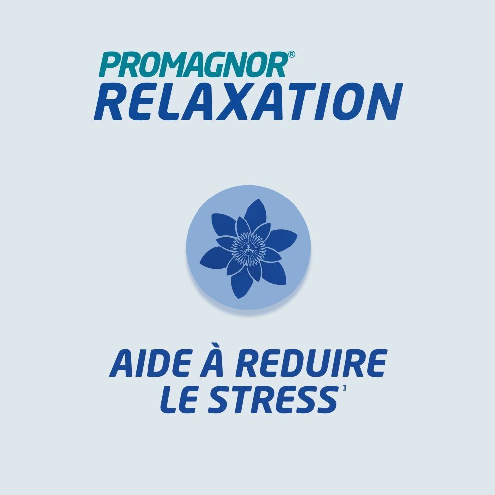 Graphique avec logo Promagnor® Relaxation et texte : 'Aide à réduire le stress'.