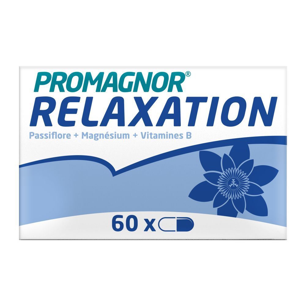 Boîte de PROGMAGNOR® Relaxation. Contient 60 gélules. Couleurs bleu et blanc. Inscription: Passiflore + Magnésium + Vitamines B.