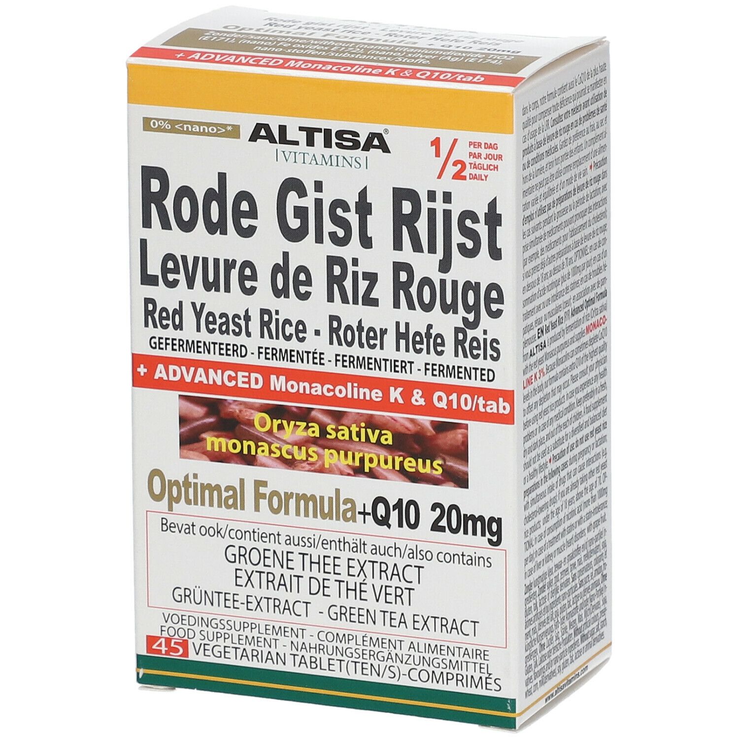 Boîte de Rode Gist Rijst, Levure de Riz Rouge. Contient Q10 20mg. 45 comprimés. Marque: Altisa.