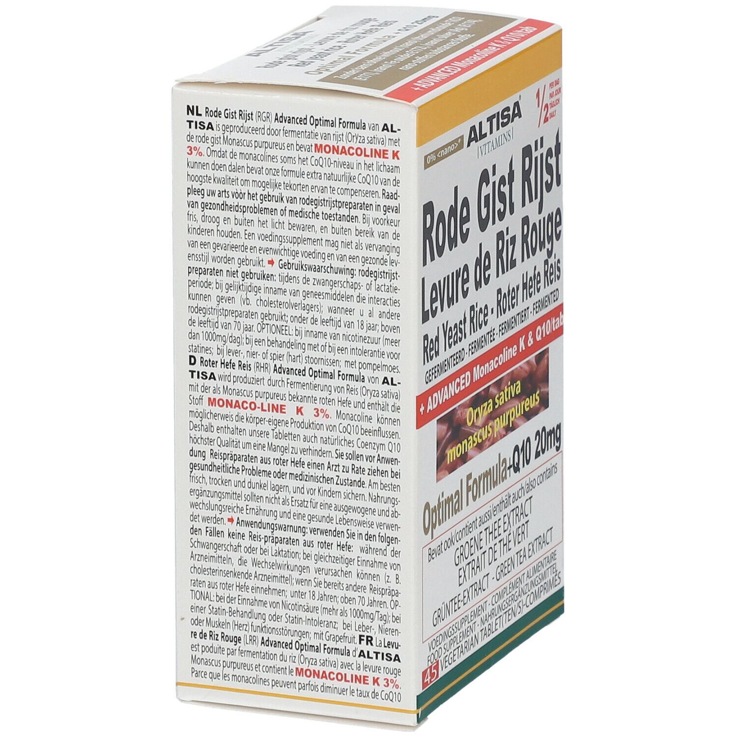 Boîte de Rode Gist Rijst, Levure de Riz Rouge. Texte en néerlandais, français et allemand. Marque: Altisa.