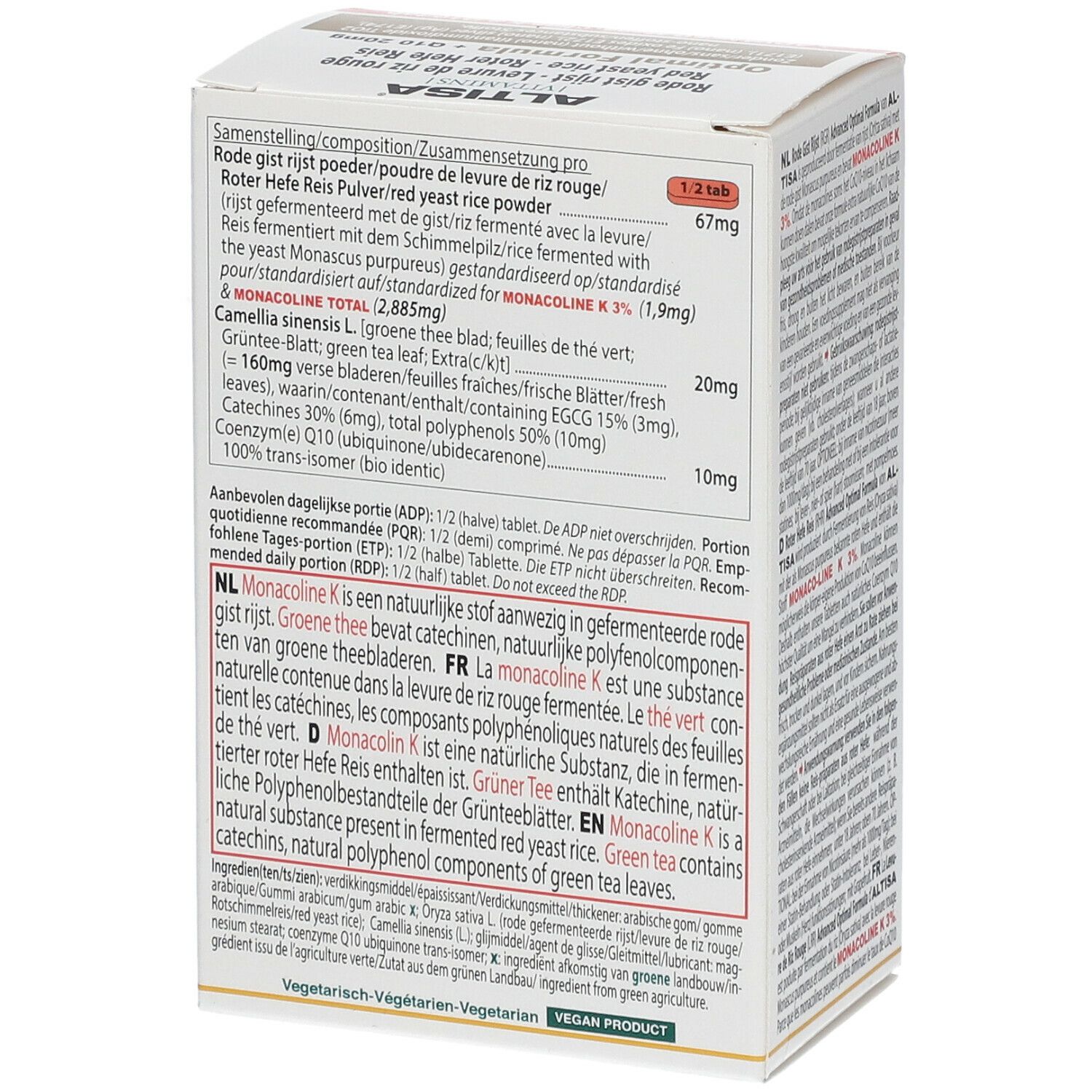 Boîte de Rode Gist Rijst, Levure de Riz Rouge. Ingrédients. Marque: Altisa. Logo vegan.