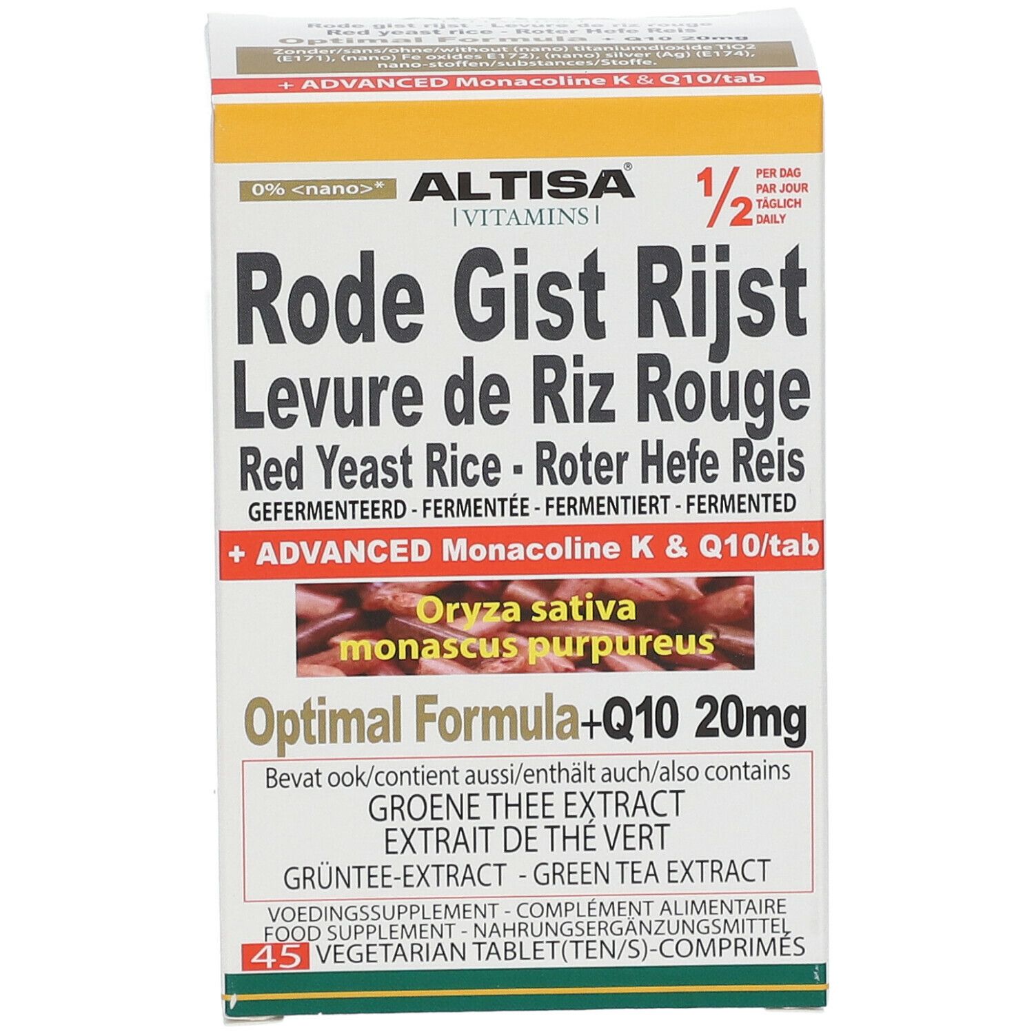 Boîte de Rode Gist Rijst, Levure de Riz Rouge. Contient Q10 20mg. 45 comprimés. Marque: Altisa.