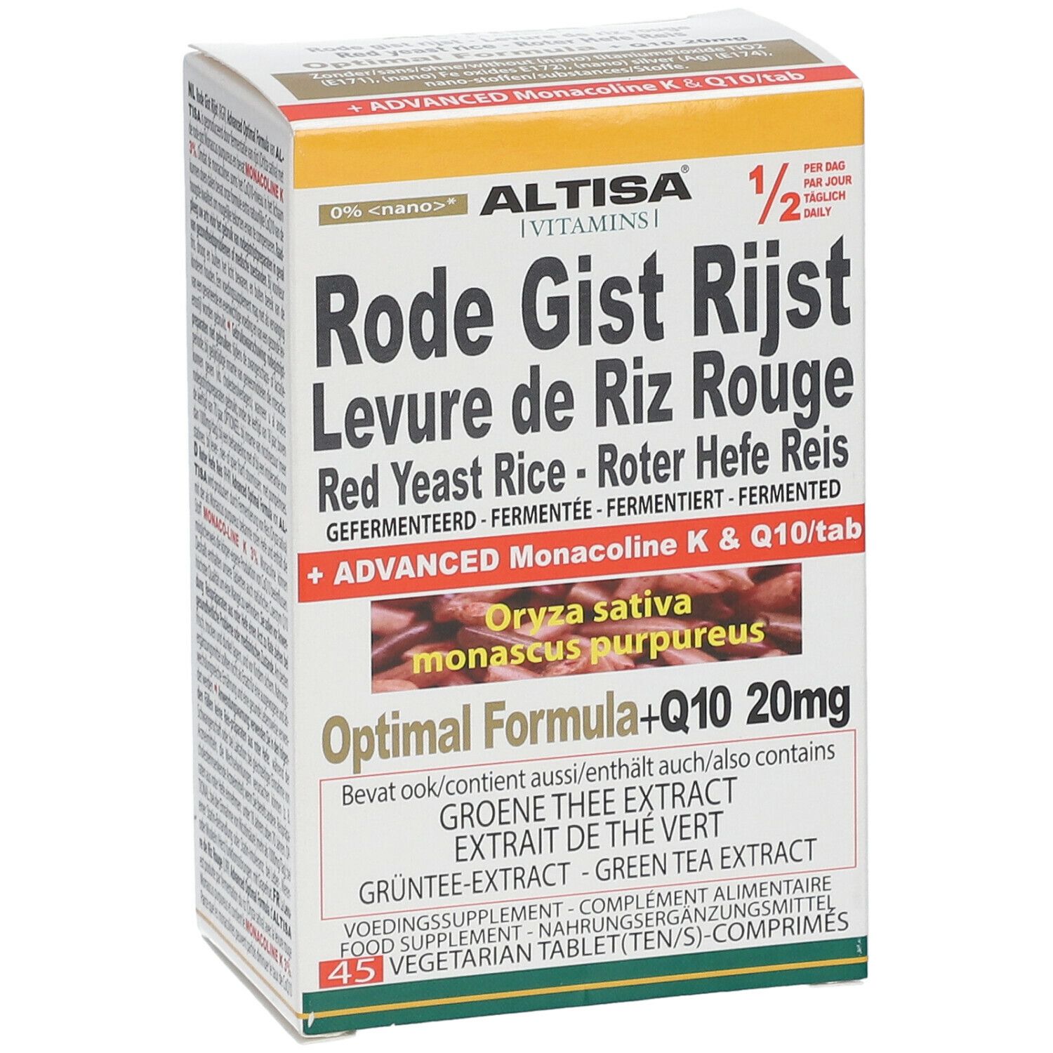 Boîte de Rode Gist Rijst, Levure de Riz Rouge. Contient Q10 20mg. 45 comprimés. Marque: Altisa.