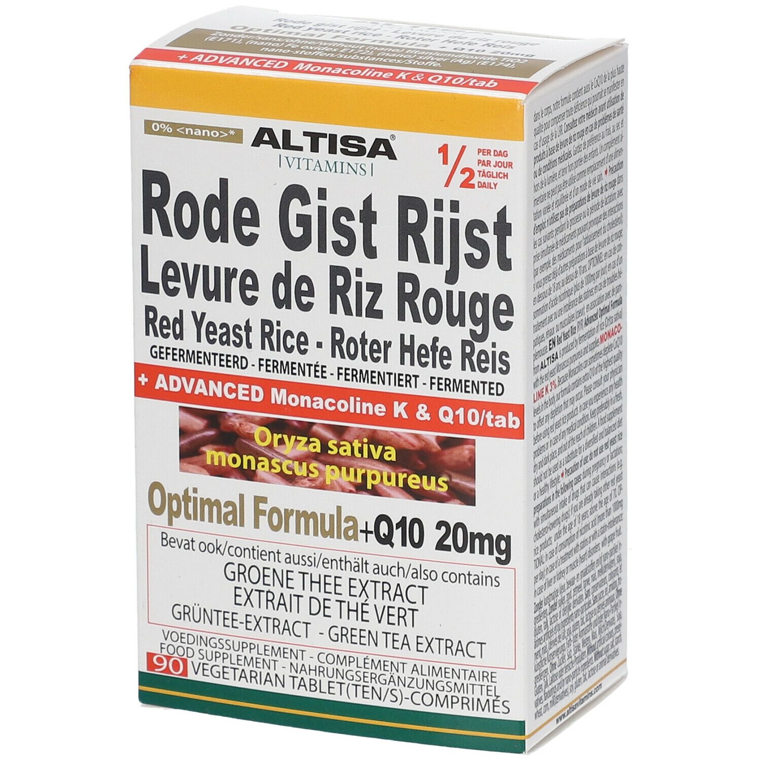 Boîte avec nom du produit et ingrédients. Texte multilingue. Contient Altisa Levure de Riz Rouge.