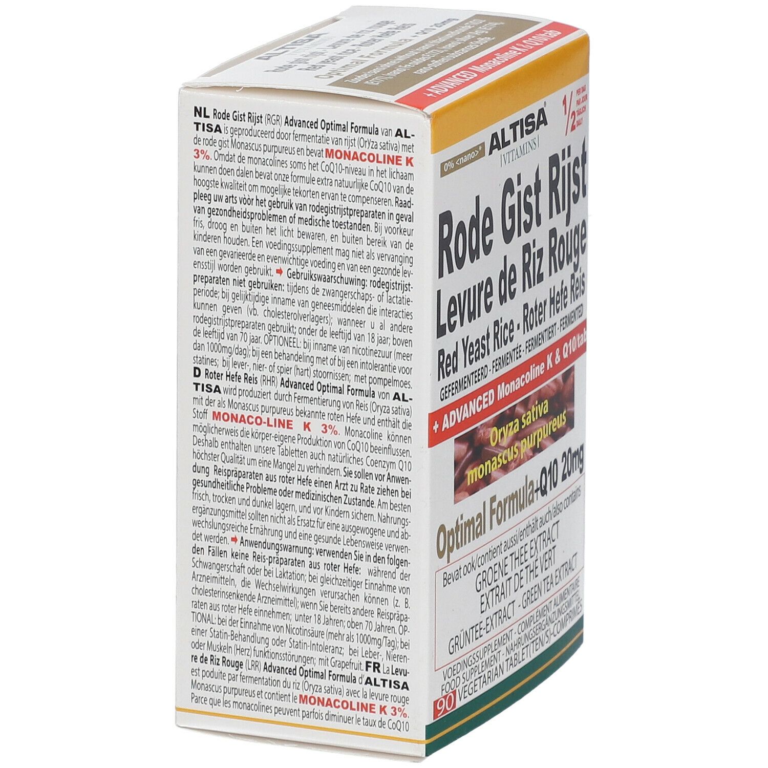 Emballage du produit en biais. Contient Altisa Levure de Riz Rouge. Texte multilingue.