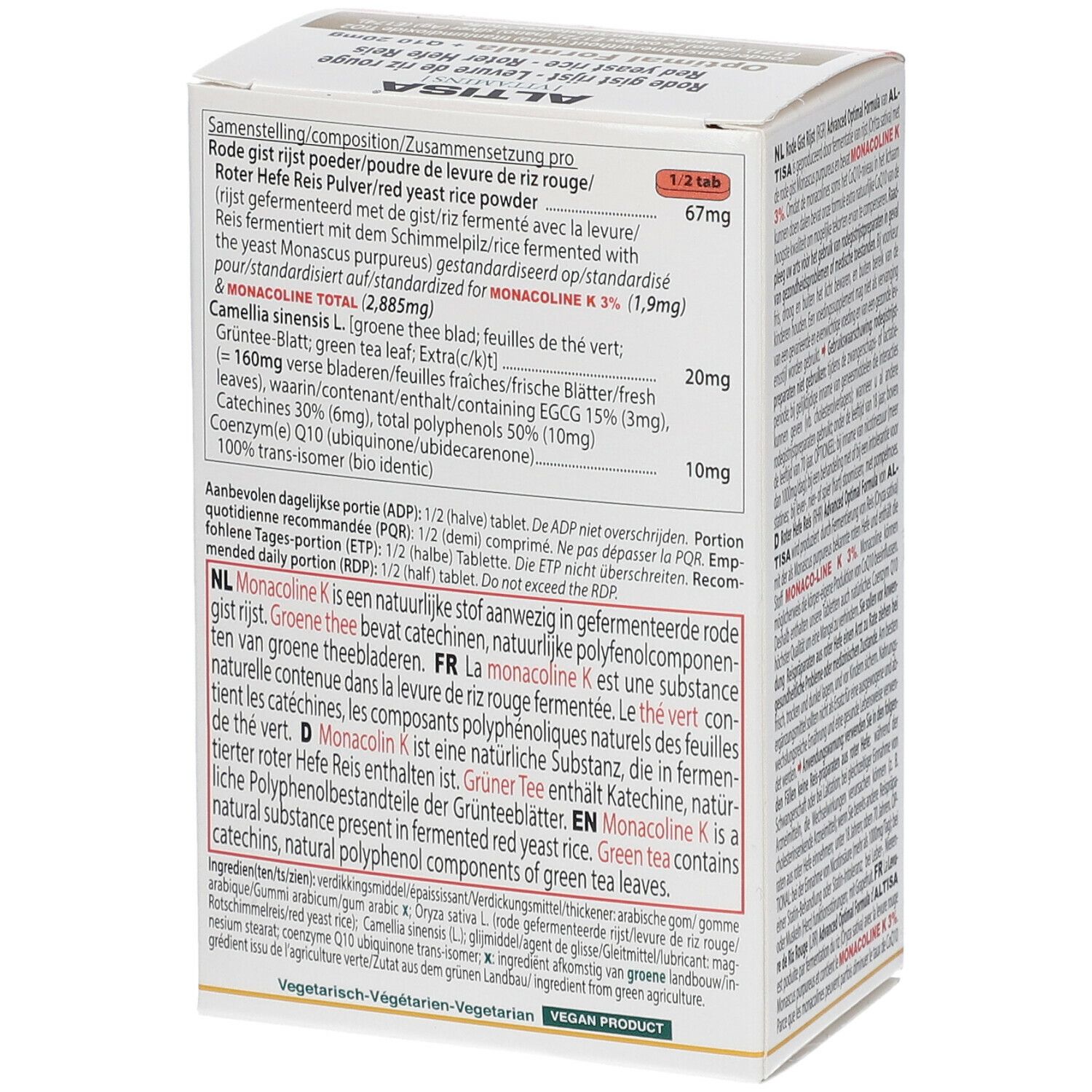 Dos de l'emballage du produit. Contient des informations sur les ingrédients et le dosage. Texte multilingue.