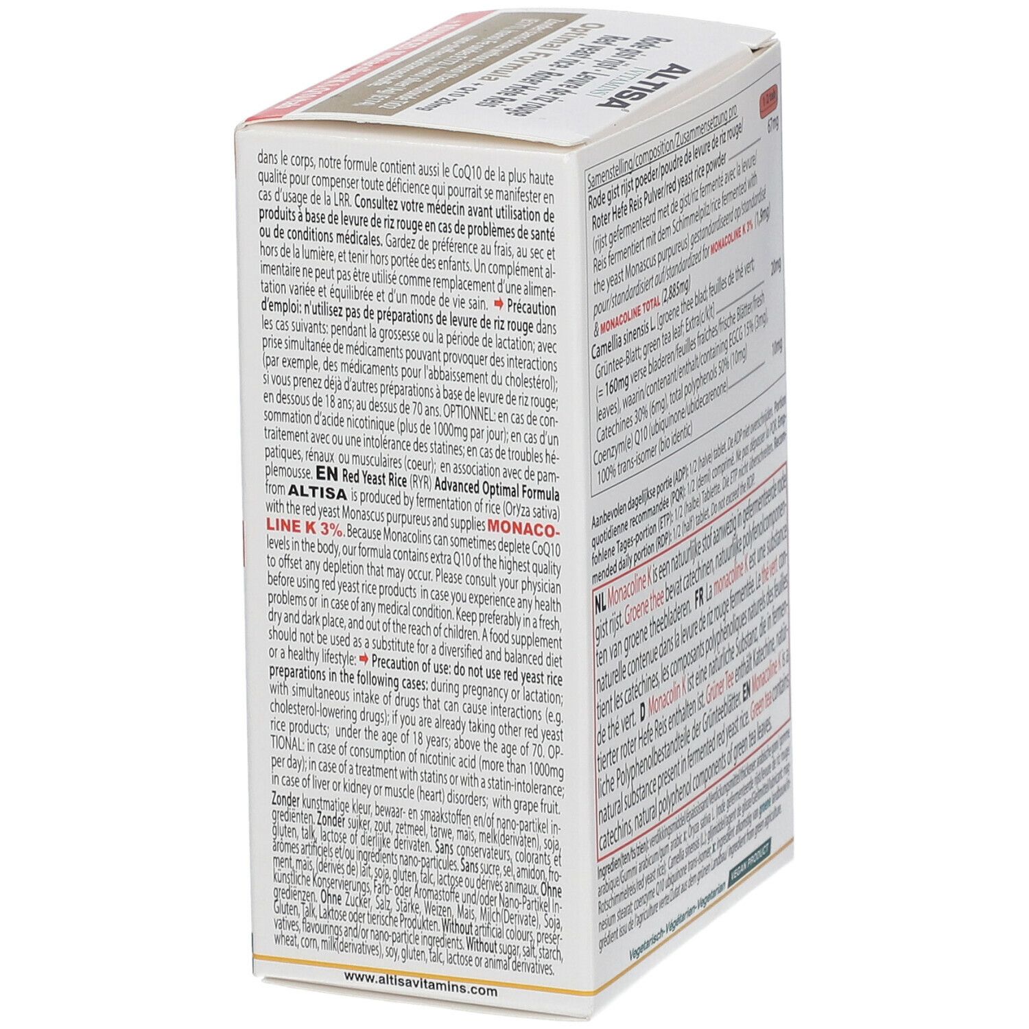 Vue latérale de l'emballage du produit. Texte multilingue. Contient Altisa Levure de Riz Rouge.