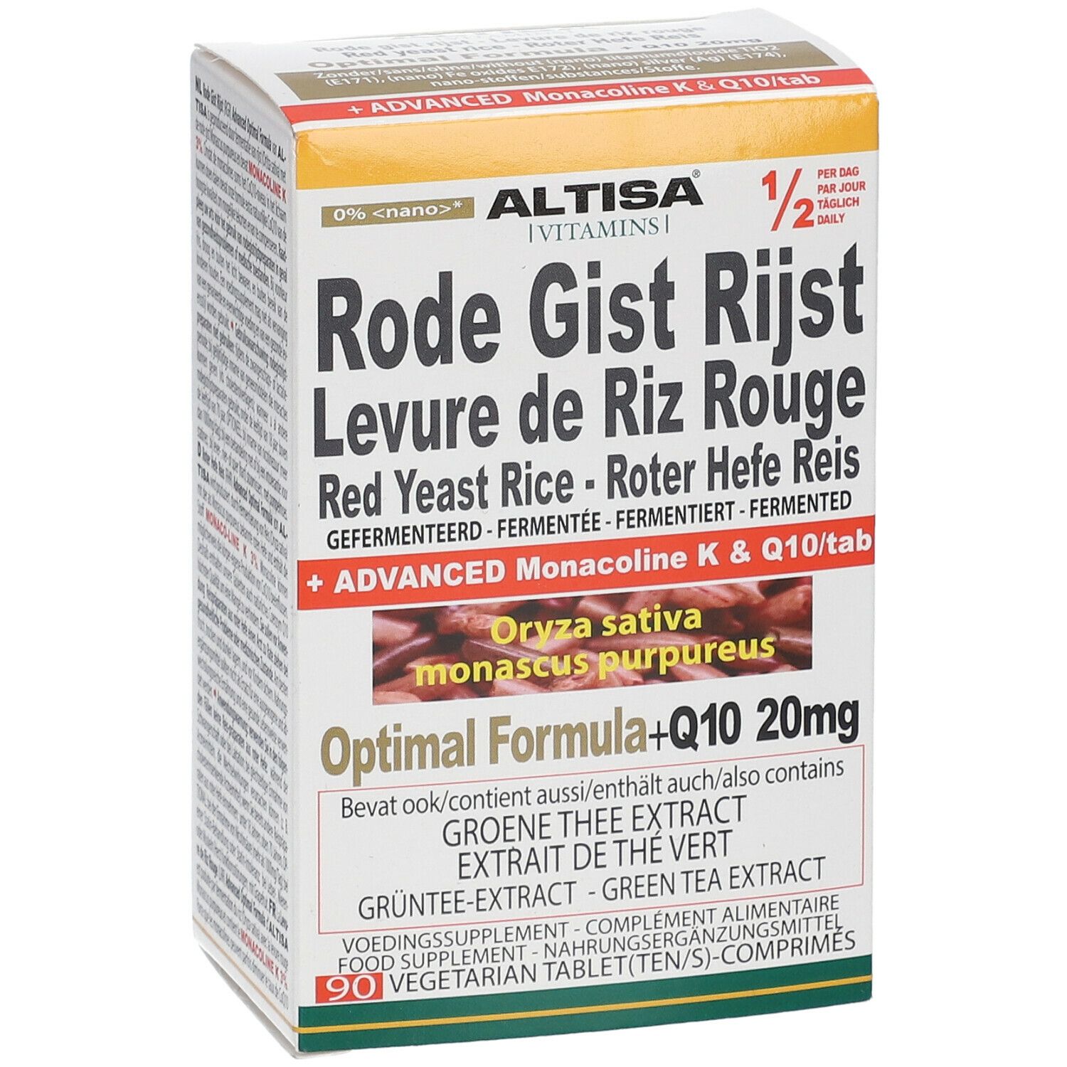 Emballage du produit avec nom et ingrédients. Texte multilingue. Contient Altisa Levure de Riz Rouge.