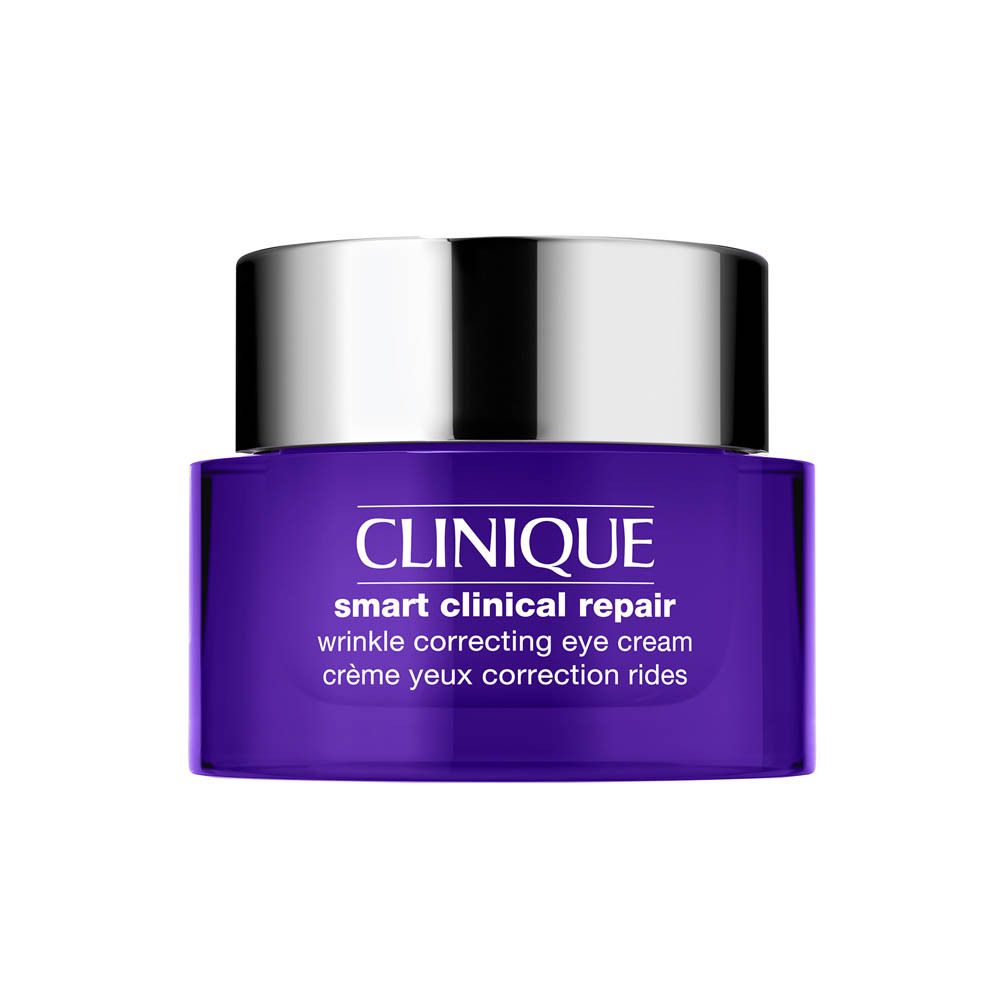 Crème contour des yeux Clinique Smart Clinical Repair dans un pot violet avec un couvercle argenté.