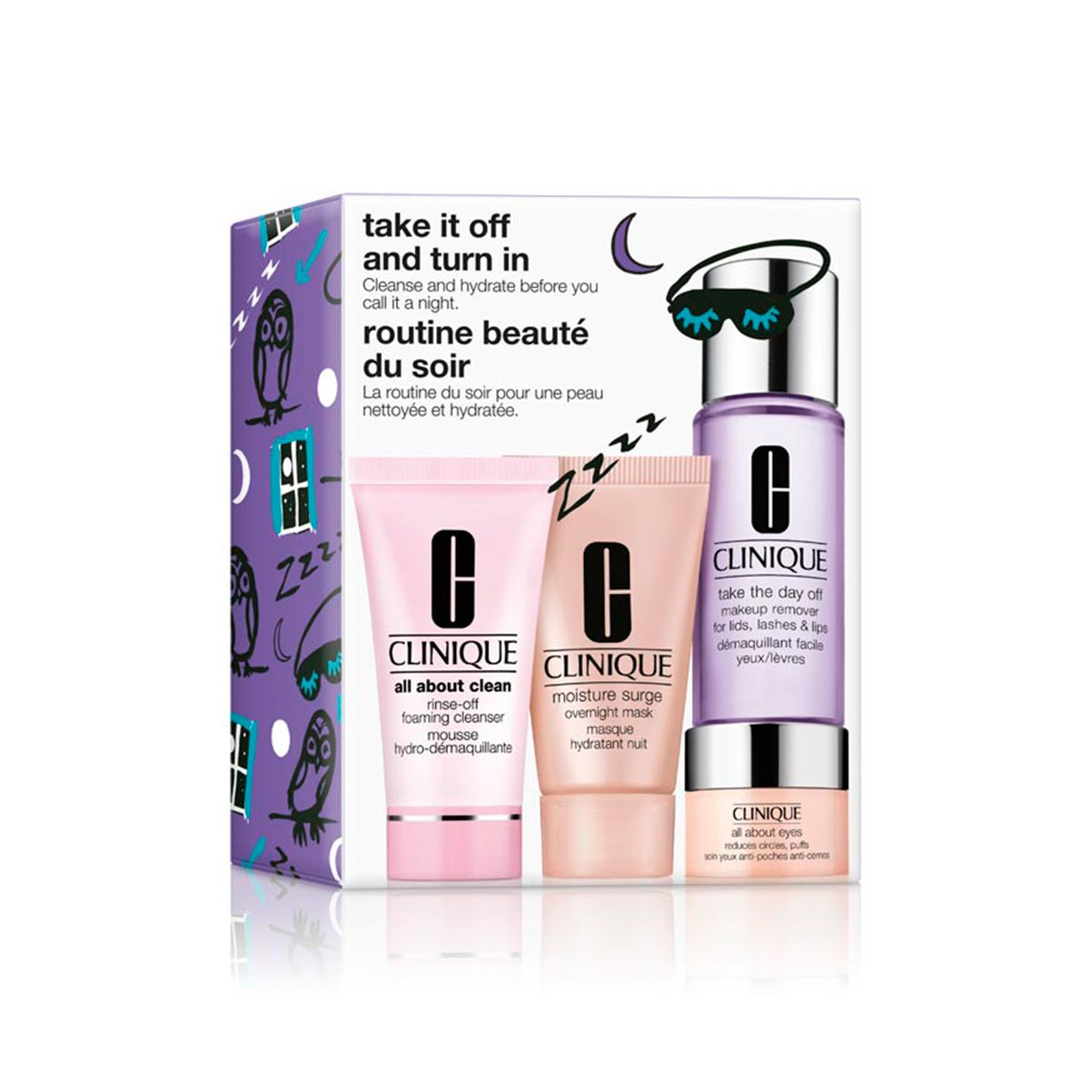 Coffret CLINIQUE avec quatre produits : nettoyant moussant, masque hydratant, crème pour les yeux et démaquillant. Emballage avec motif de hiboux.
