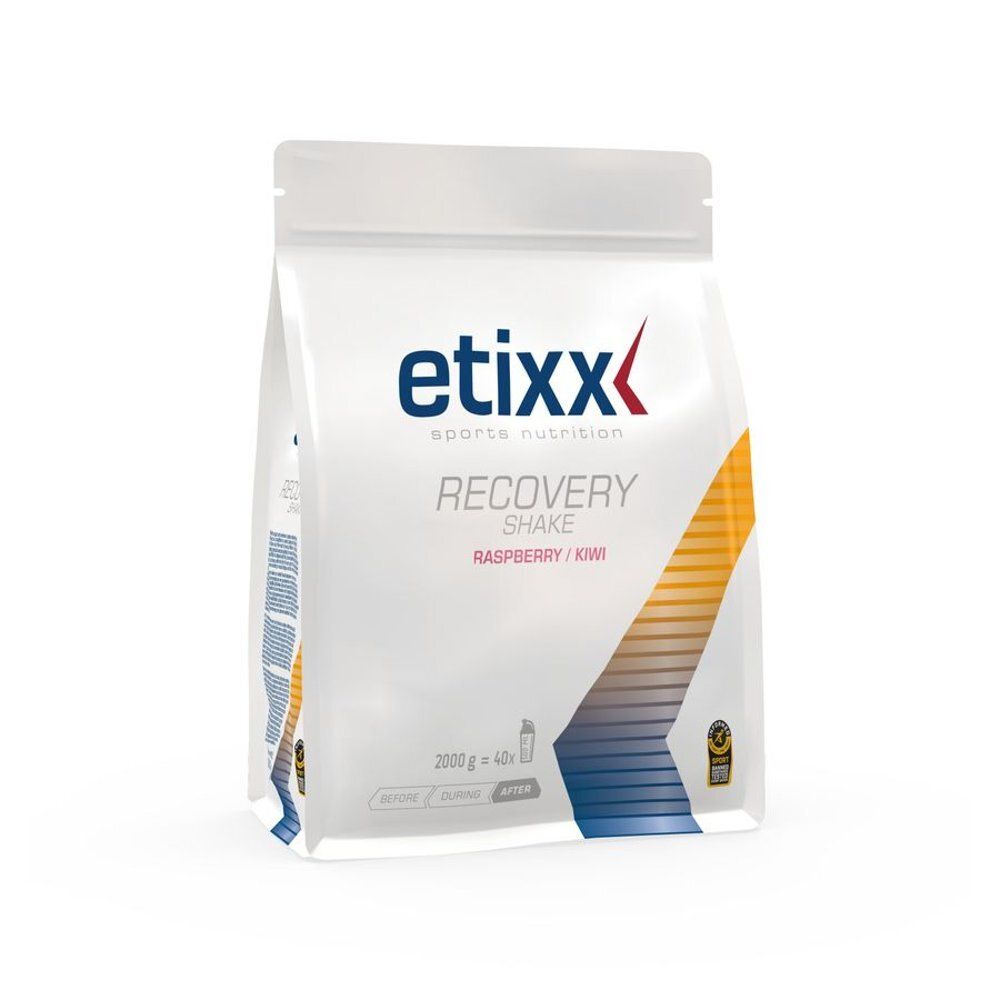 Sachet blanc avec logo « etixx » et « Recovery Shake ». Inscription « Himbeer-Kiwi ». Paquet de 2000g.