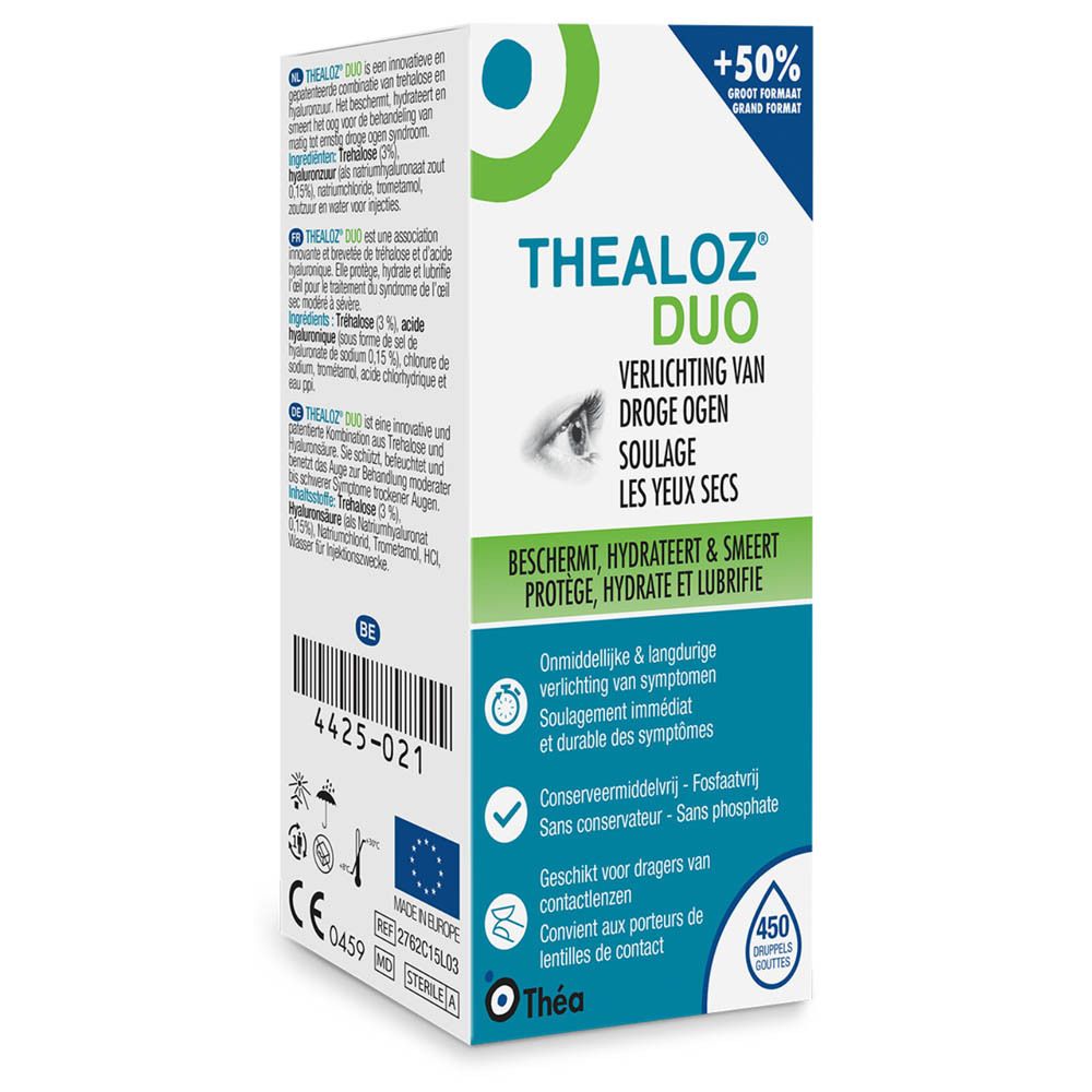 Emballage Thealoz Duo. Nom du produit, image d'œil et texte. Couleurs vert et blanc. Avec impression '+50%'.