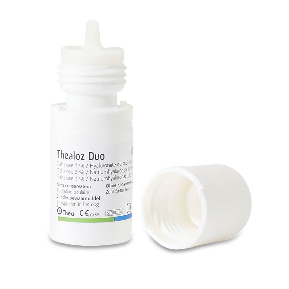 Flacon de gouttes oculaires Thealoz Duo et bouchon ouvert. Flacon avec inscription. Bouchon blanc.