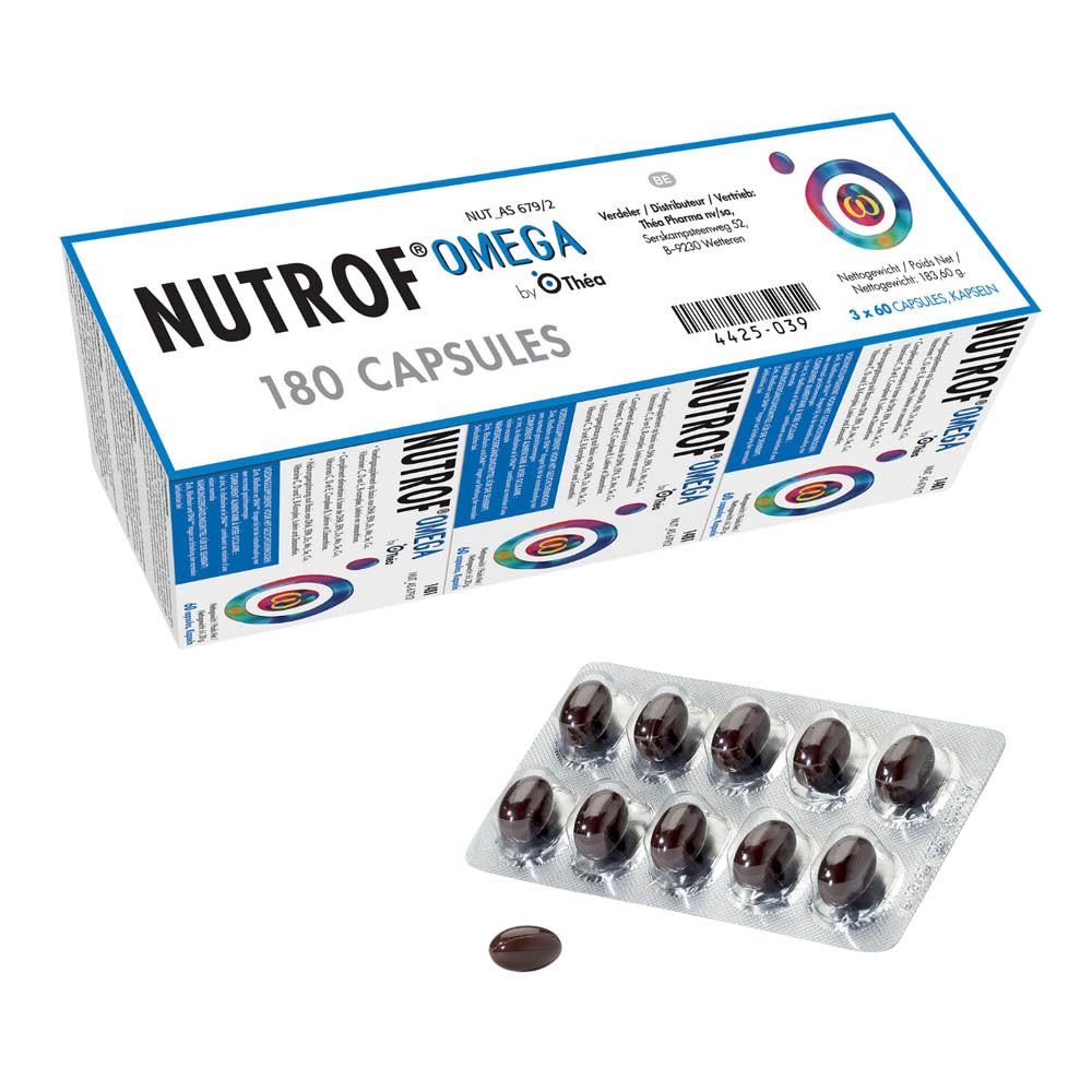 Boîte de Nutrof Omega, 180 gélules, avec blister. Gélules brunes.