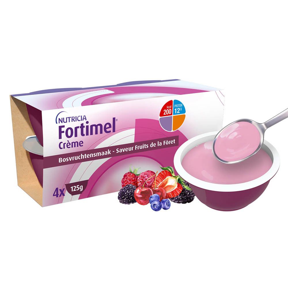 Coupelle de crème rose, cuillère et fruits. Inscription: Nutricia Fortimel Crème. 4 x 125g.