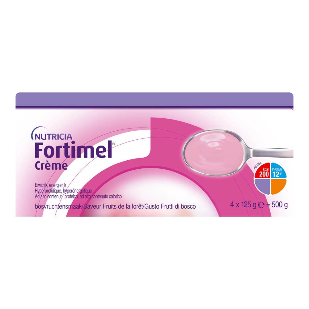 Coupelle de crème rose et cuillère. Inscription: Nutricia Fortimel Crème. 4 x 125g.