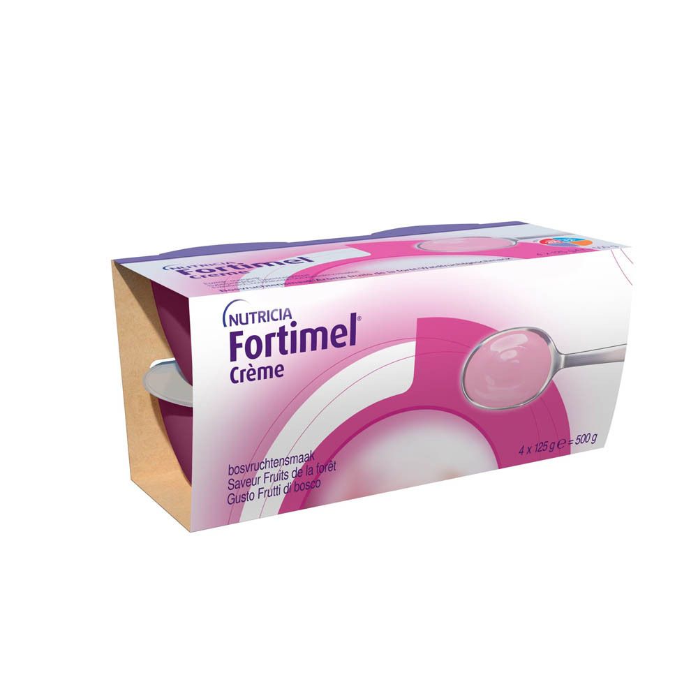 Emballage de 4 coupelles rouges Fortimel Crème. Inscription: Nutricia Fortimel Crème. 4 x 125g.